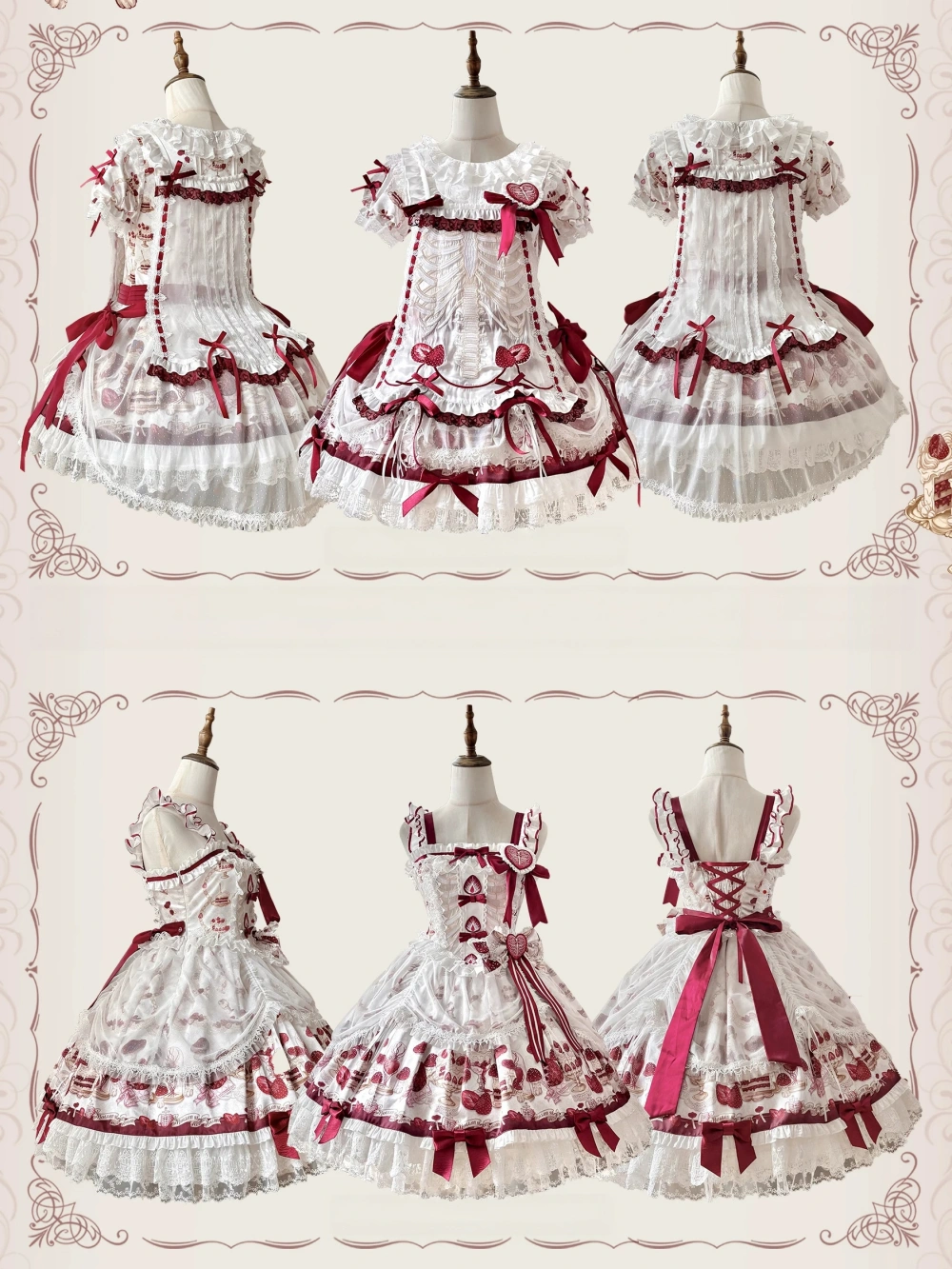 Strawberry Heart Bone White Red Gothic Lolita OP Dress or JSK