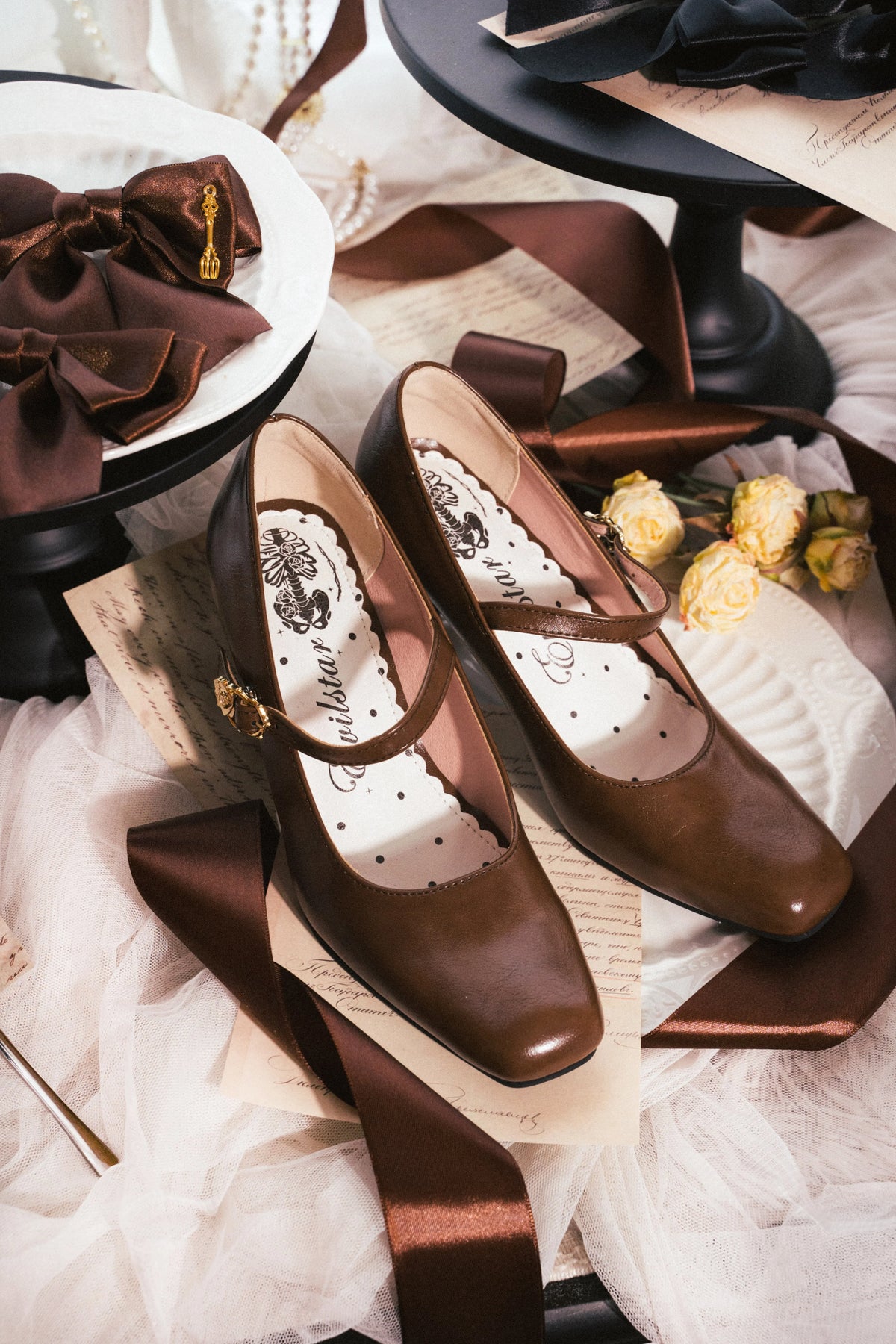 Afternoon Tea Vintage Bow Square Toe Mid Heel Lolita Mary Jane Pumps