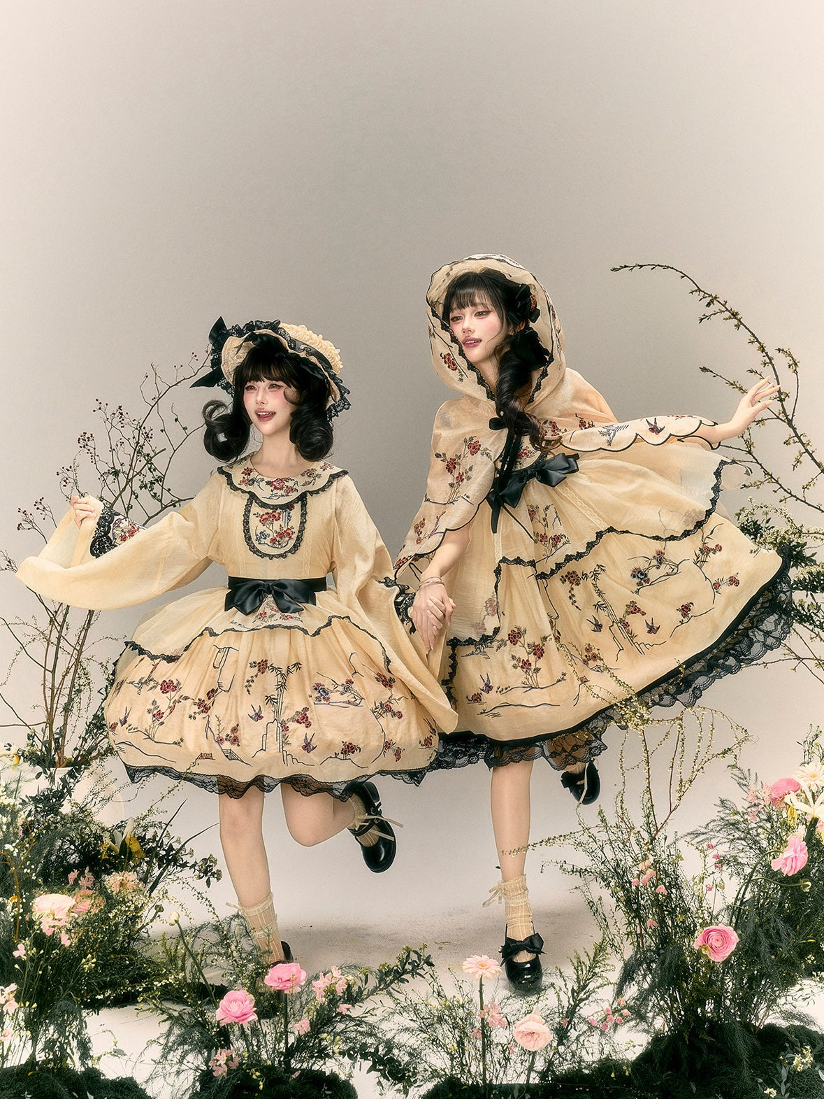 Floral Bird Amber Beige Hanfu Lolita JSK Dress Set