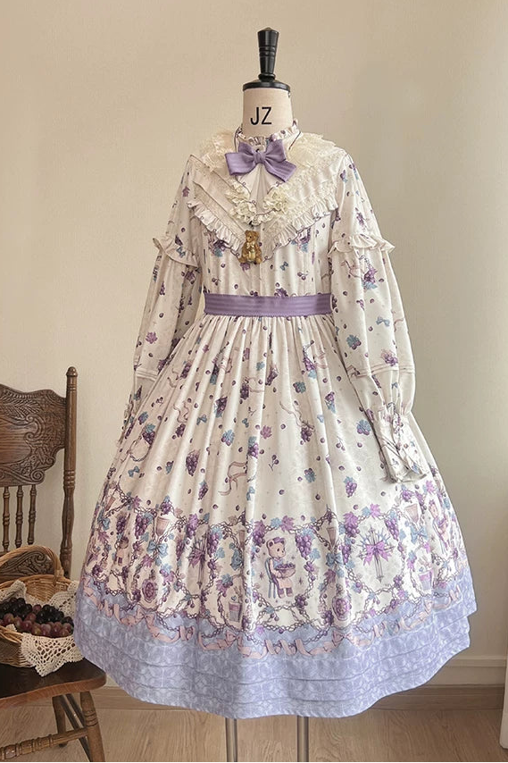 Purple Vintage Grape Print Relaxed Lolita OP Dress with Pockets