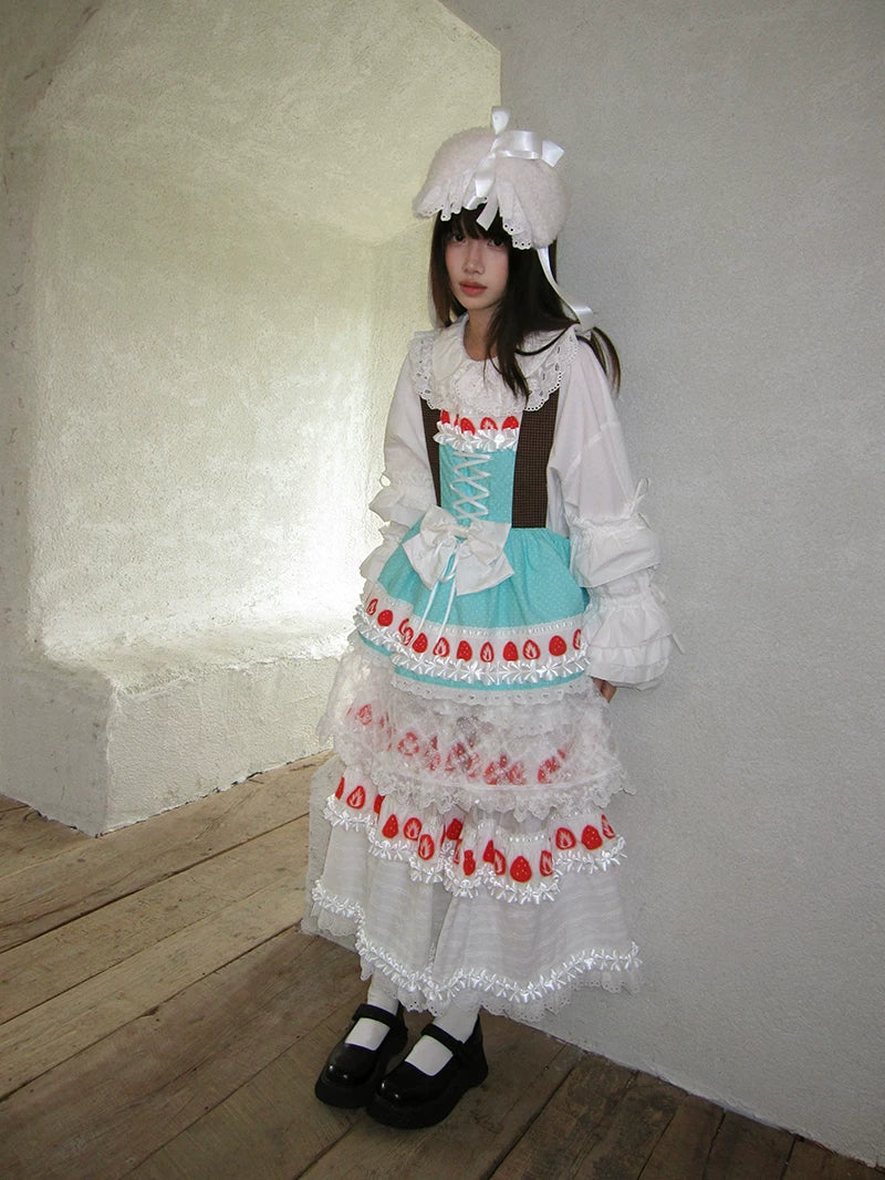 Strawberry Scent Cake Cross-section Print Lace Long Skirt