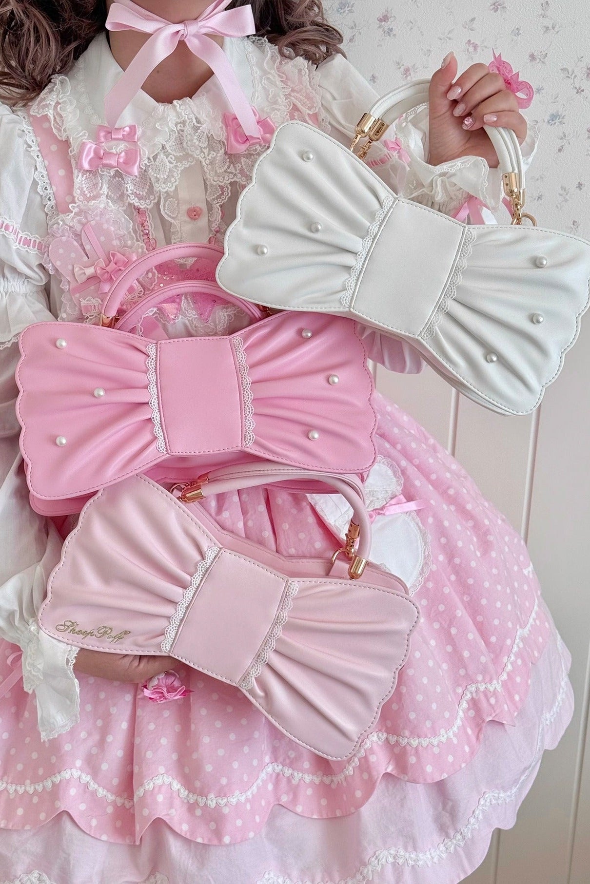 Pearl Bow Lace Trim Lolita Handbag
