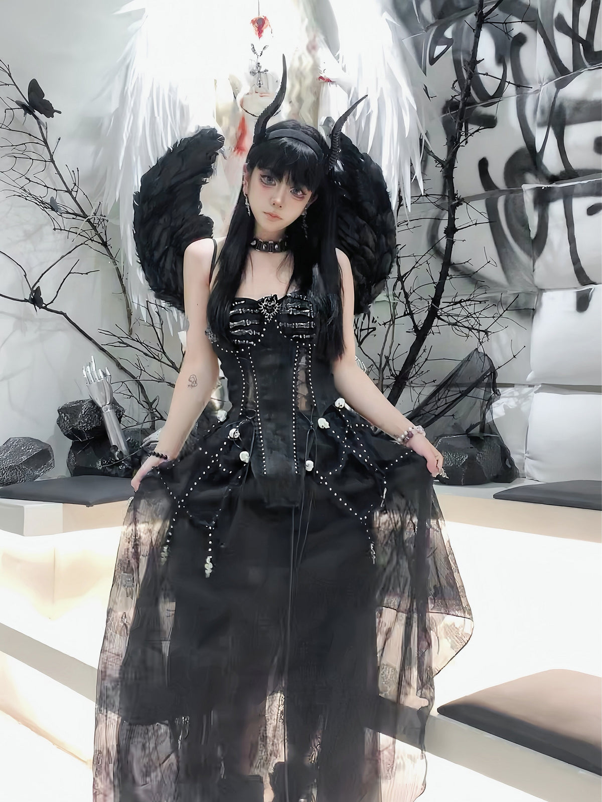 Pure Black Gothic Dark Halloween Corset & Half Skirt Set
