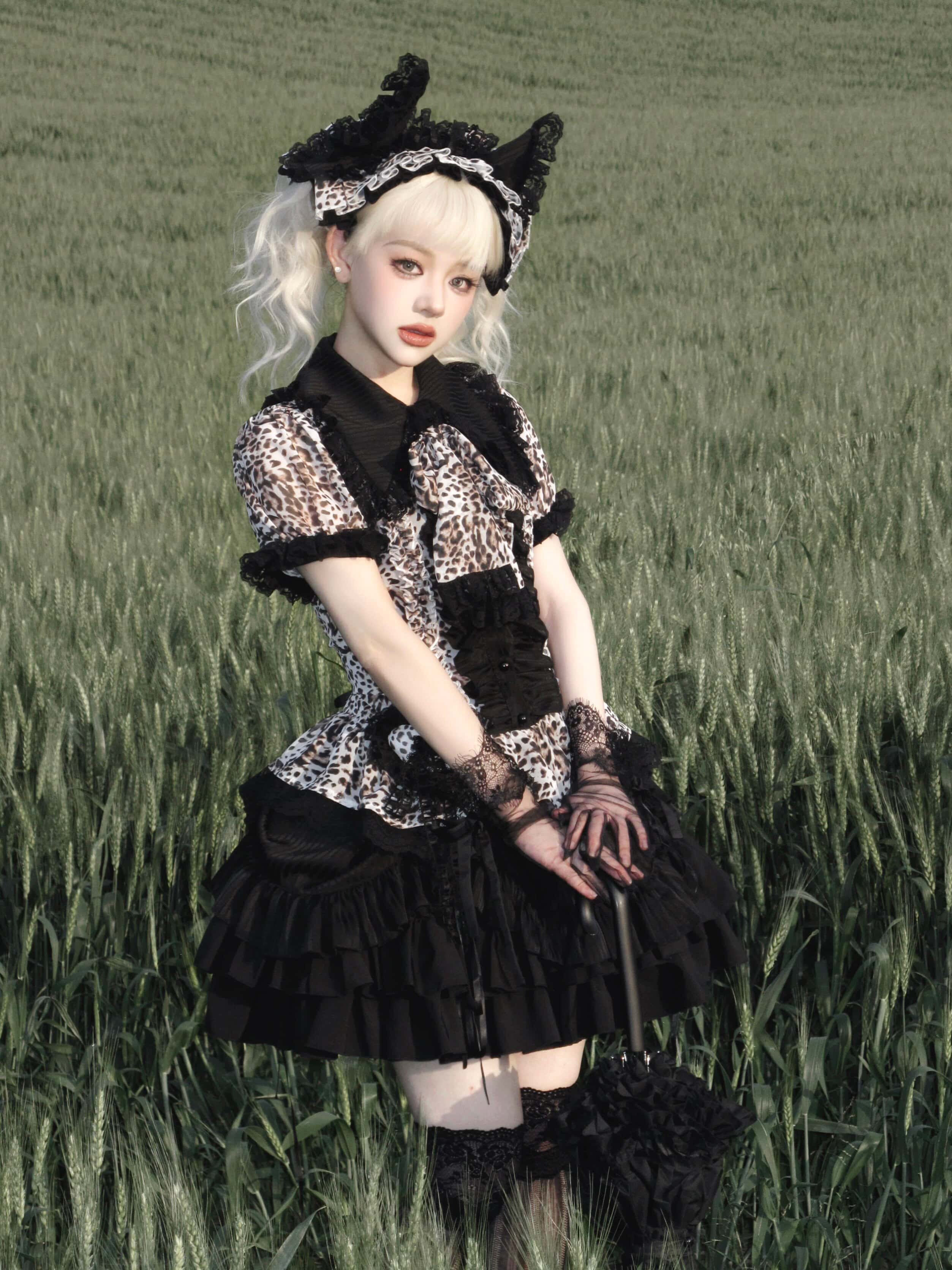Bengal Cat Gothic Lolita White Blouse & Skirt Set