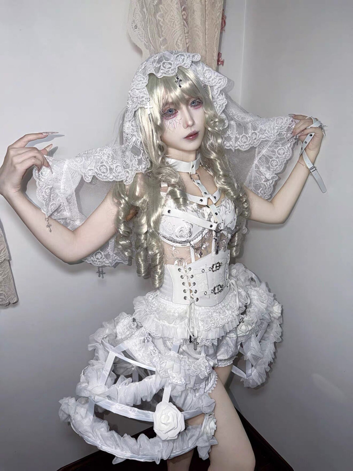 Flower Bud White Rose Gothic Corset & Birdcage Skirt Set