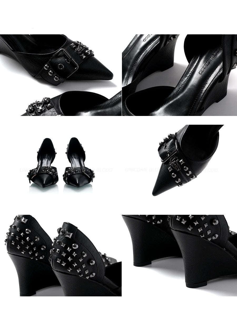 New Punk Style! Techwear Pointed‑Toe Rivet Cowhide High‑Heeled Shoes