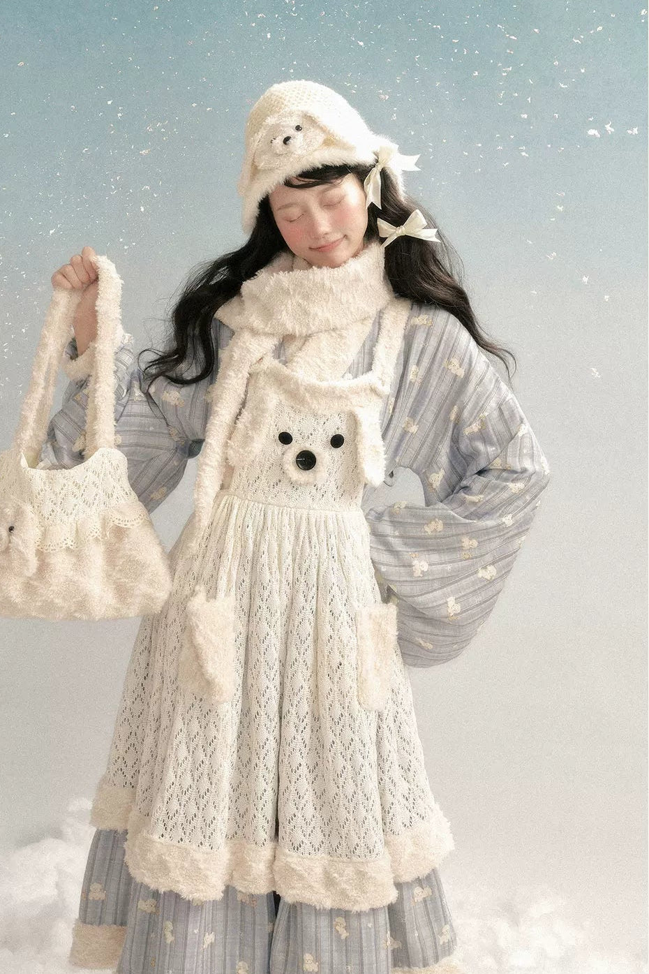 Fluffy Puppy Sweet Lolita Cross Collar Blouse Inner Dress Knit Apron Full Set