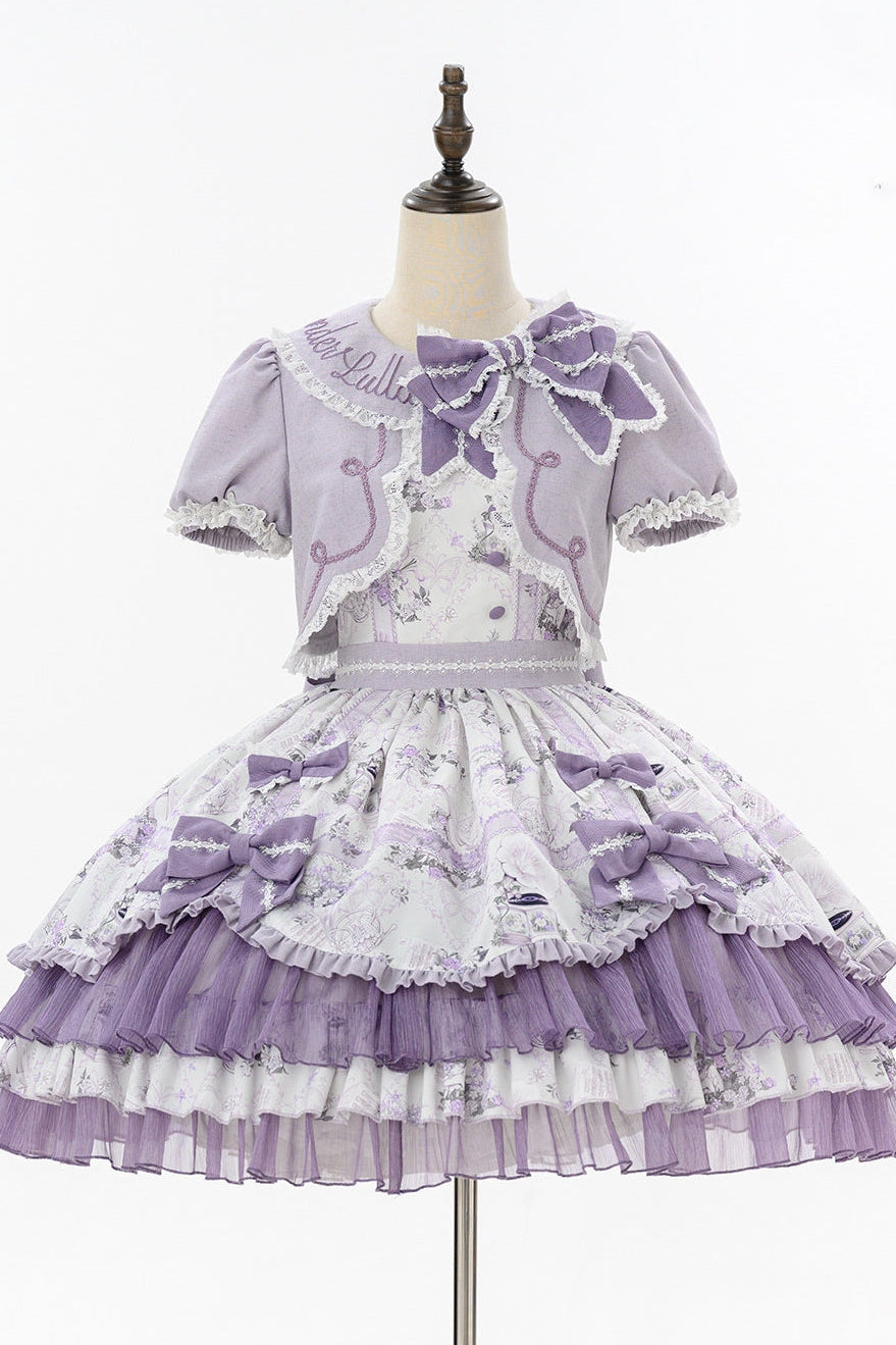 Music Flower Wall Purple Gramophone Print Bow Classic Lolita OP Dress