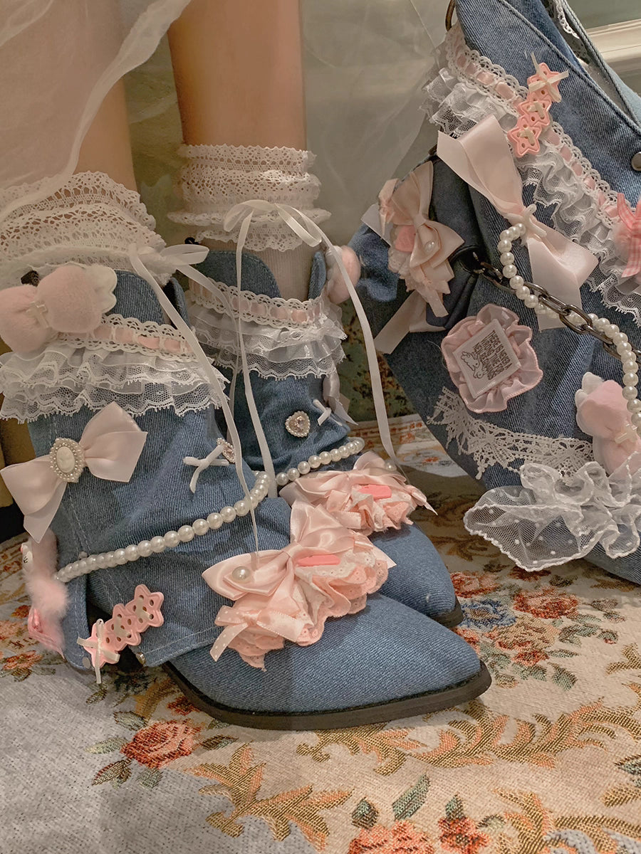 Lolita Bow Lace Denim Pointed Toe Ankle Boots LE5003