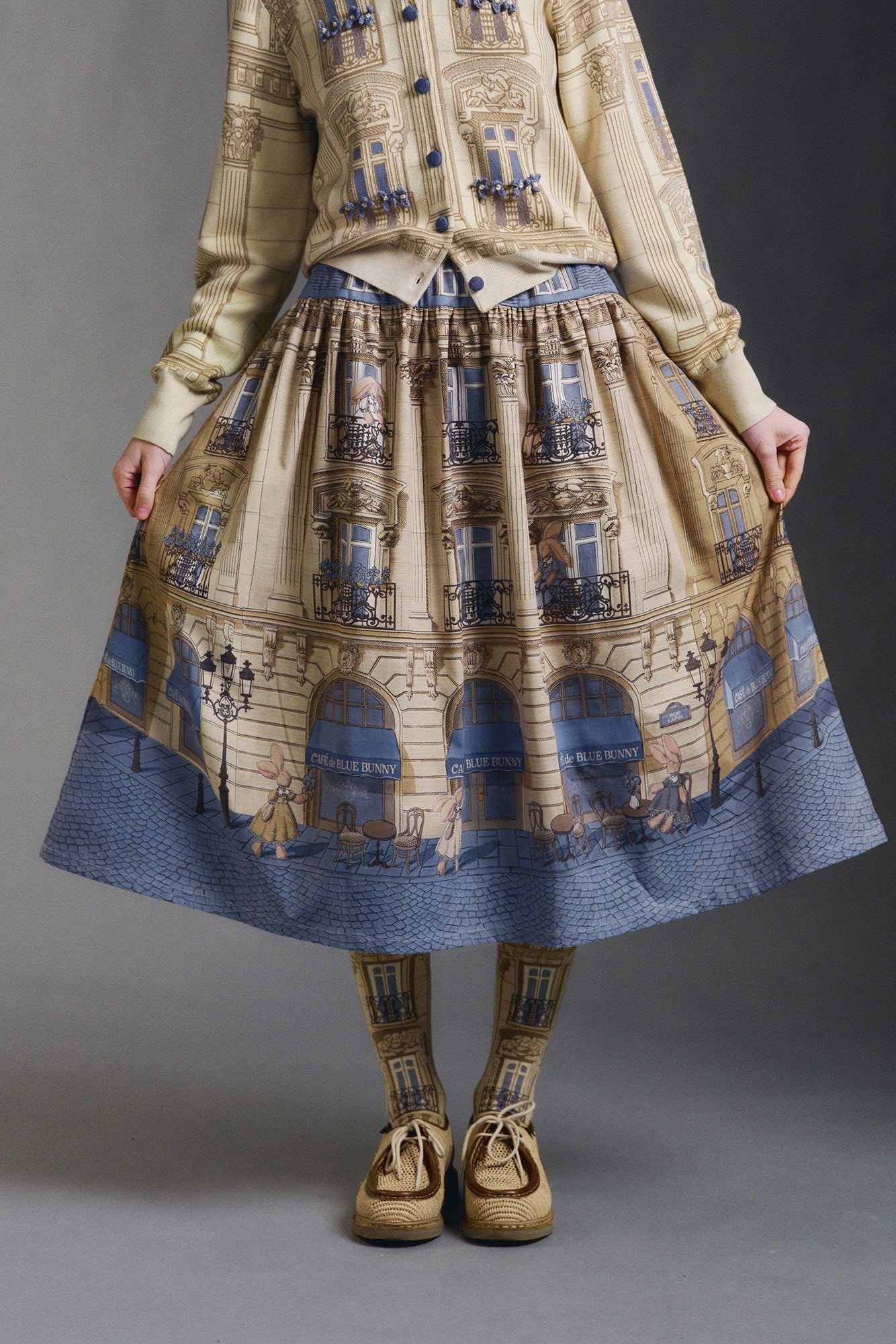 Blue Bunny Cafe Yellow Blue Vintage Architecture Print Classic Lolita Skirt