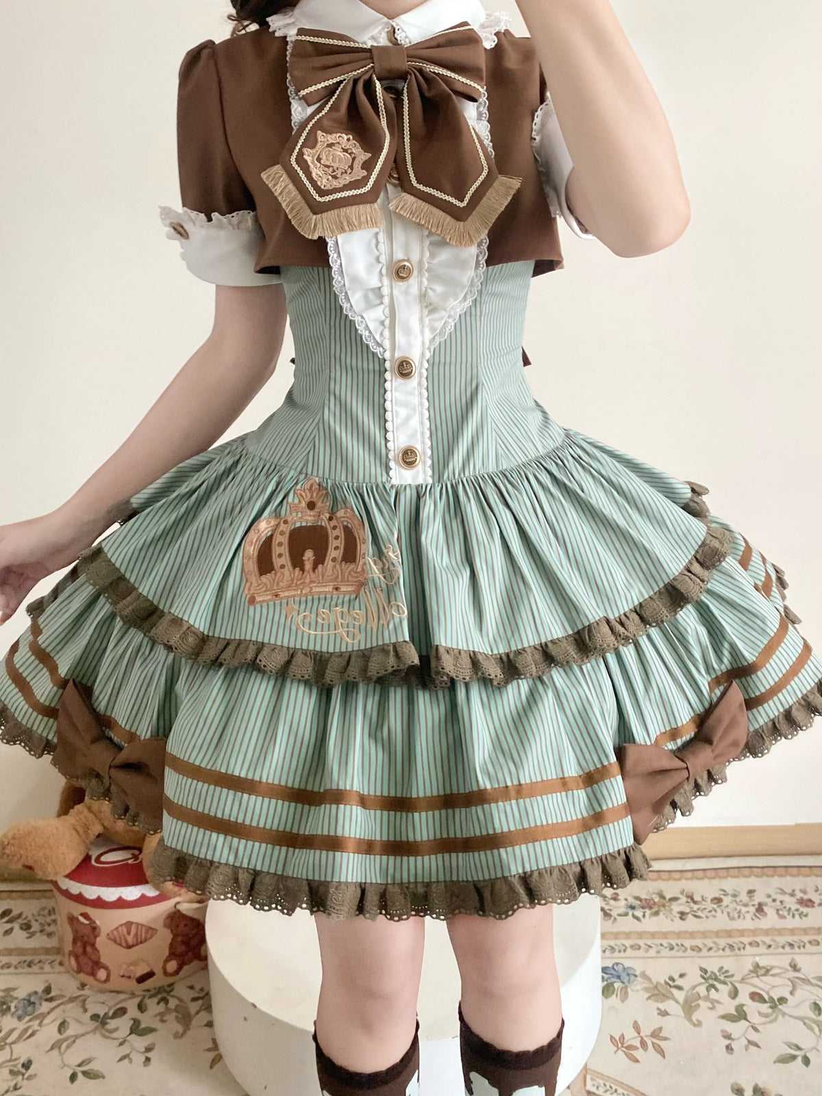 Brown Crown Lolita Idol Academy Fake Two-Piece OP Dress