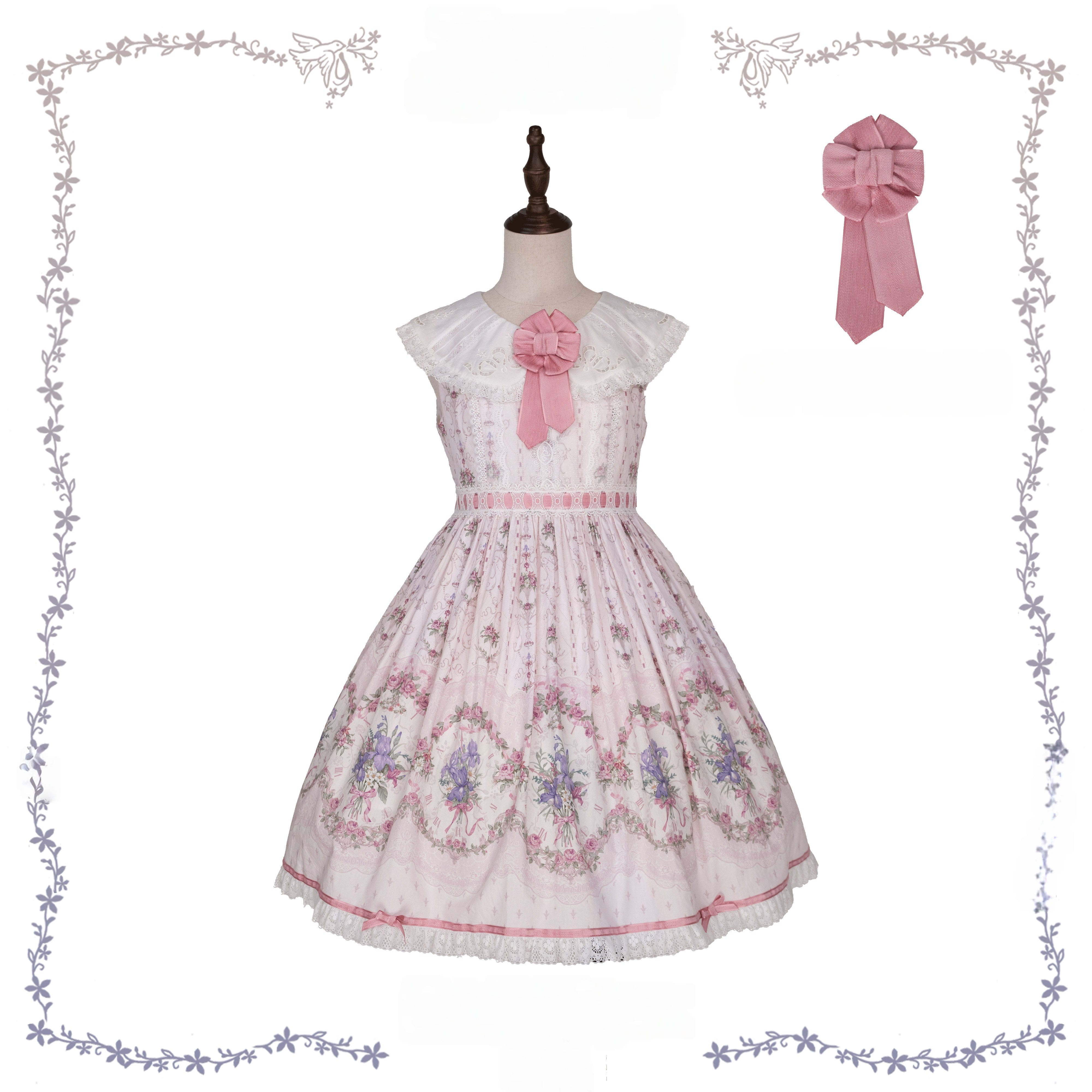 Iris Clock Lolita Flutter Sleeves Printed OP & Cut‑Work Embroidered Lapel JSK