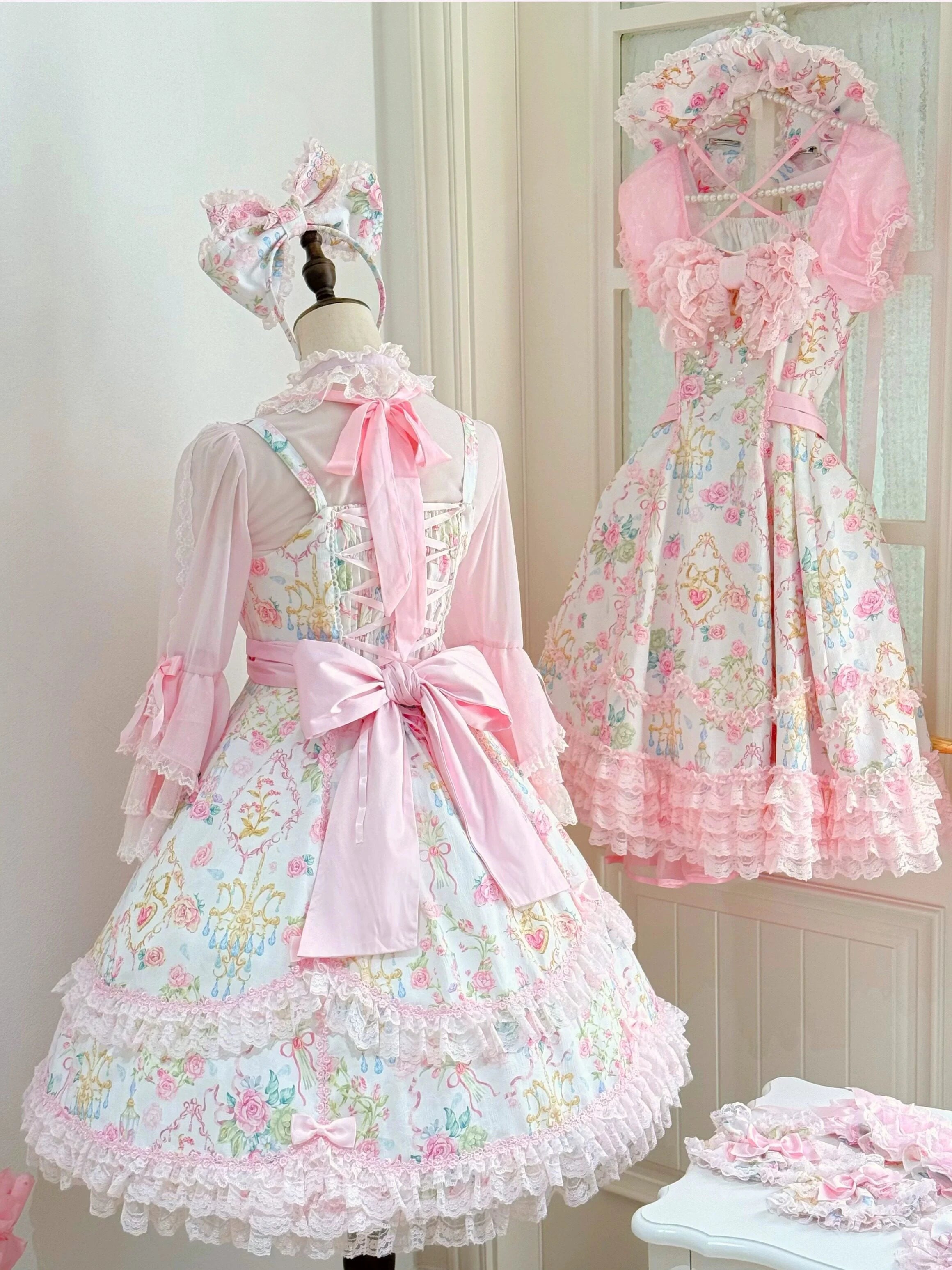Spring 2025 Vintage Flower Wall Chandelier Rose Print Sweet Lolita JSK Dress