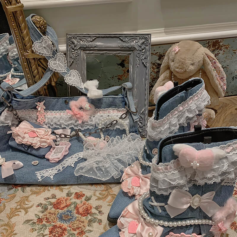 Lolita Sweet Lace Bow Denim Shoulder Bag LE8008