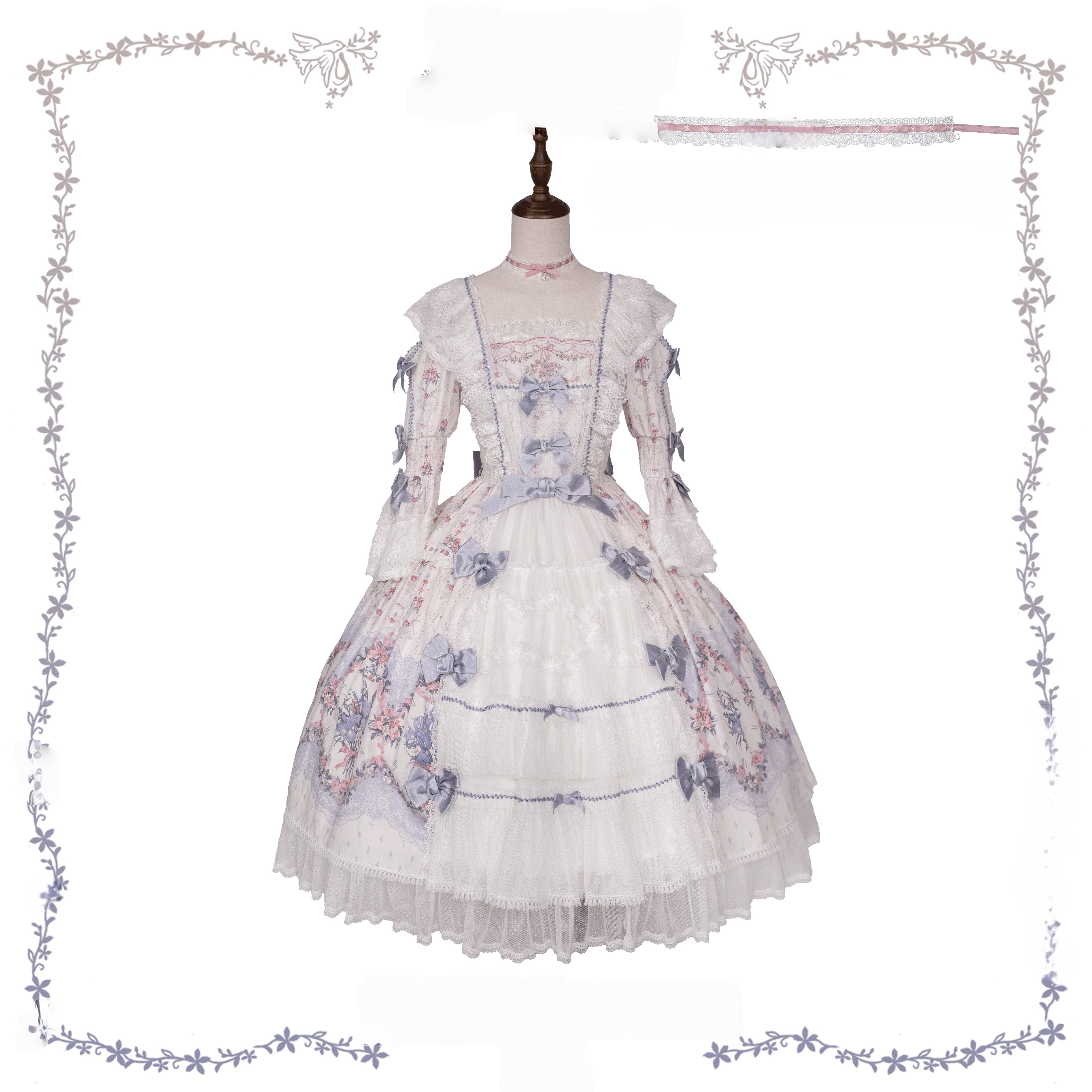 Iris Clock Floral‑Wall Front‑Opening Lolita Hime‑Sleeve Dress