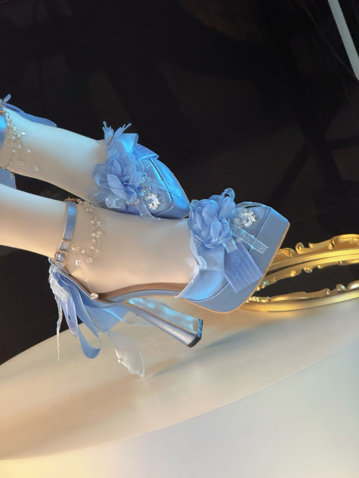 Ocean Tide Blue Chunky Heel Lolita Shoes with Flower Clips