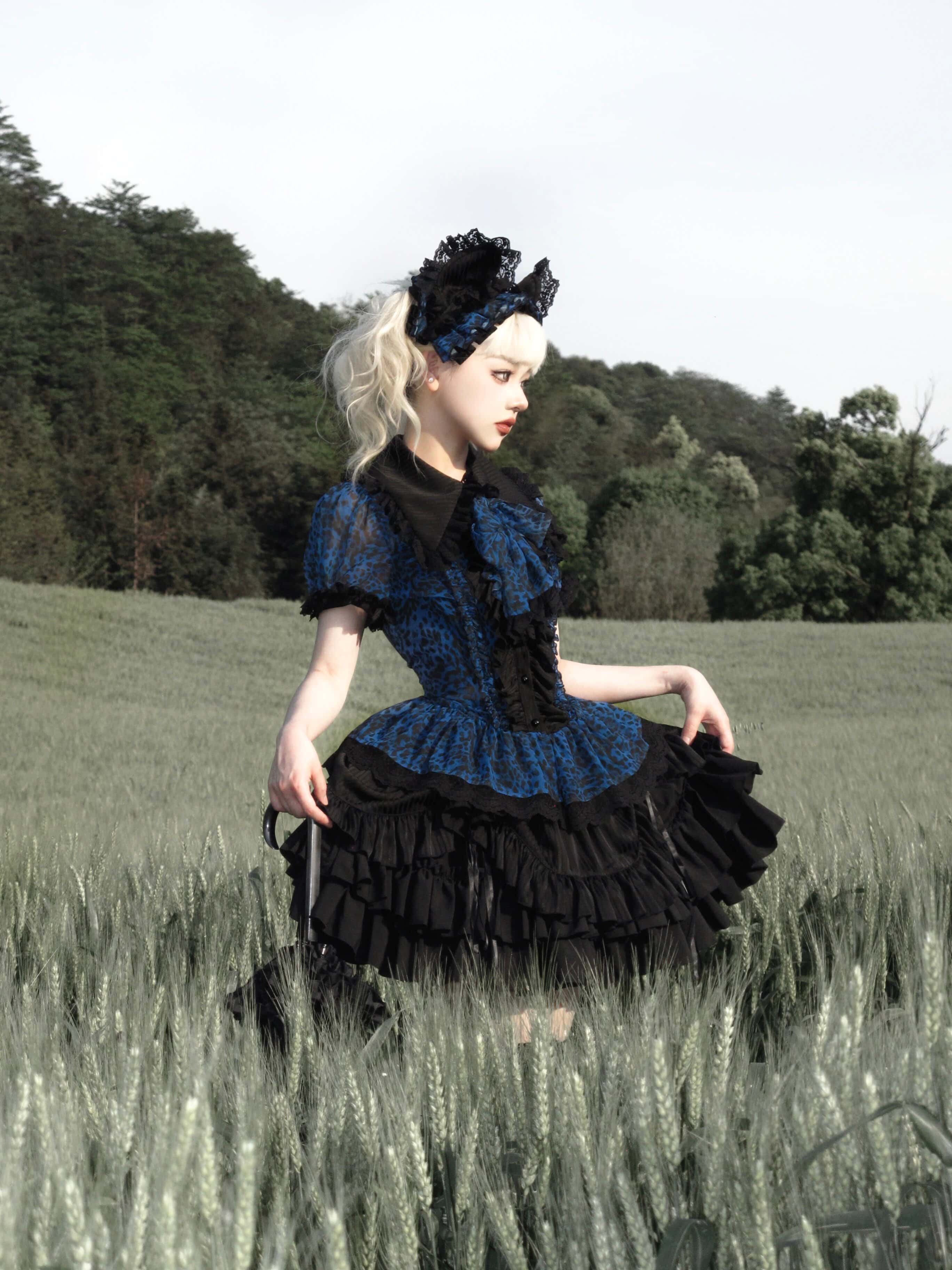 Bengal Cat Gothic Lolita Blue Blouse & Skirt Set