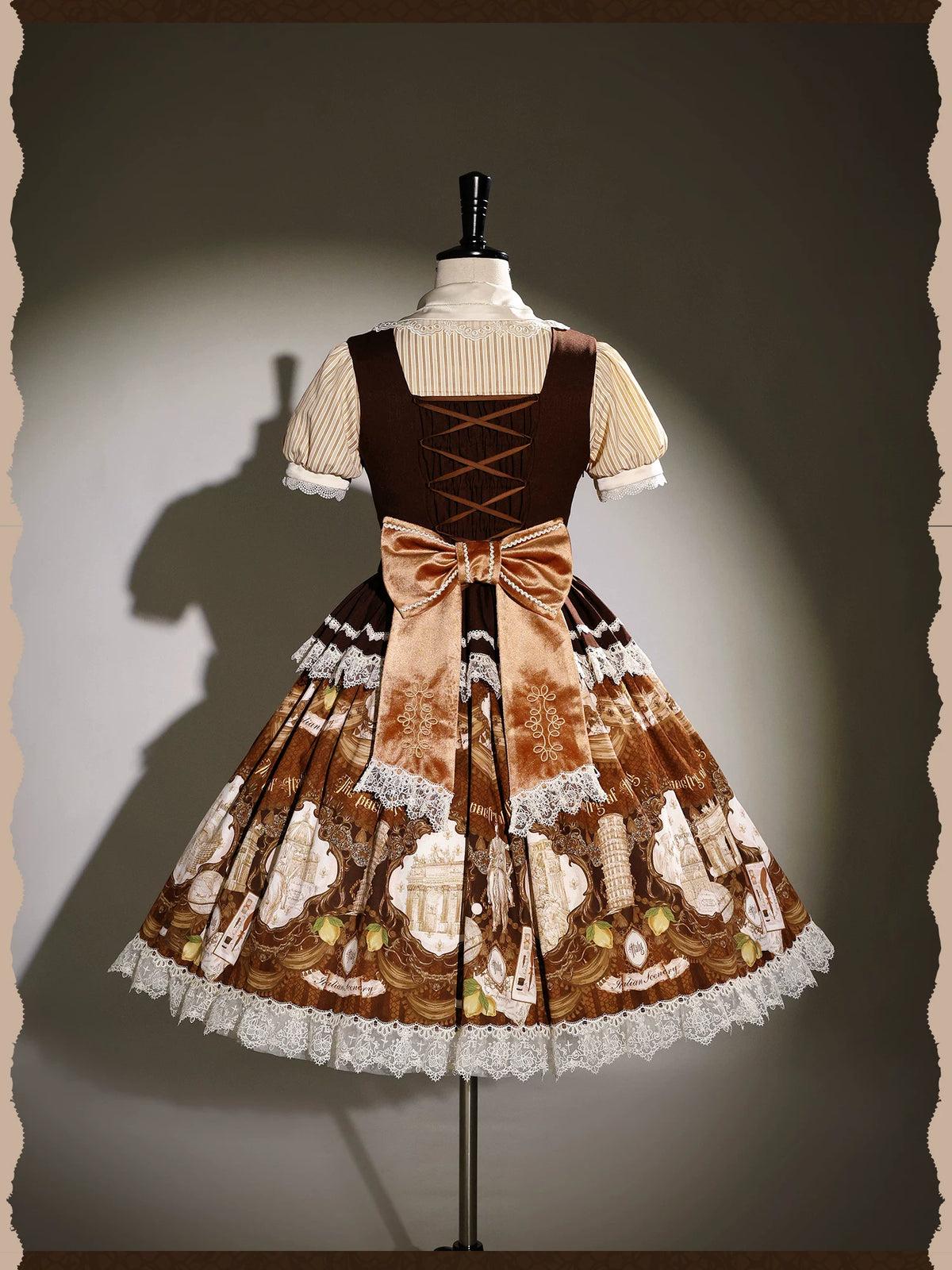 Italian Travelogue Brown British Style Lolita OP Dress and Coat
