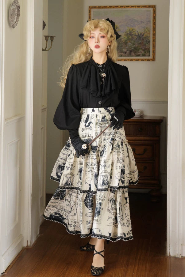 Witch's Bounty Satin Leg of Mutton Sleeve Lolita Blouse Black White Classic
