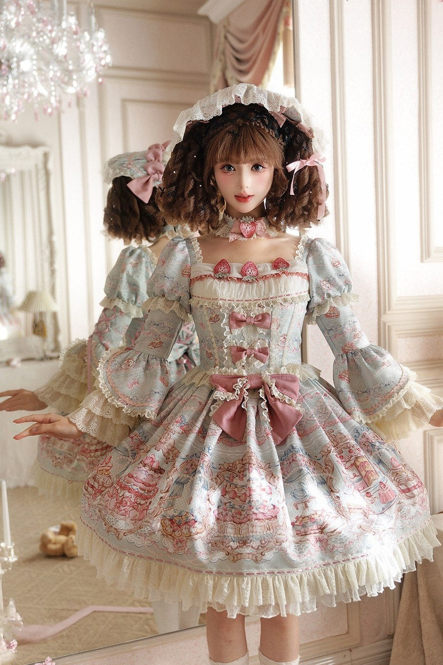 Victoria Cake Blue Grey Jacquard Vintage Sweet Lolita OP Dress