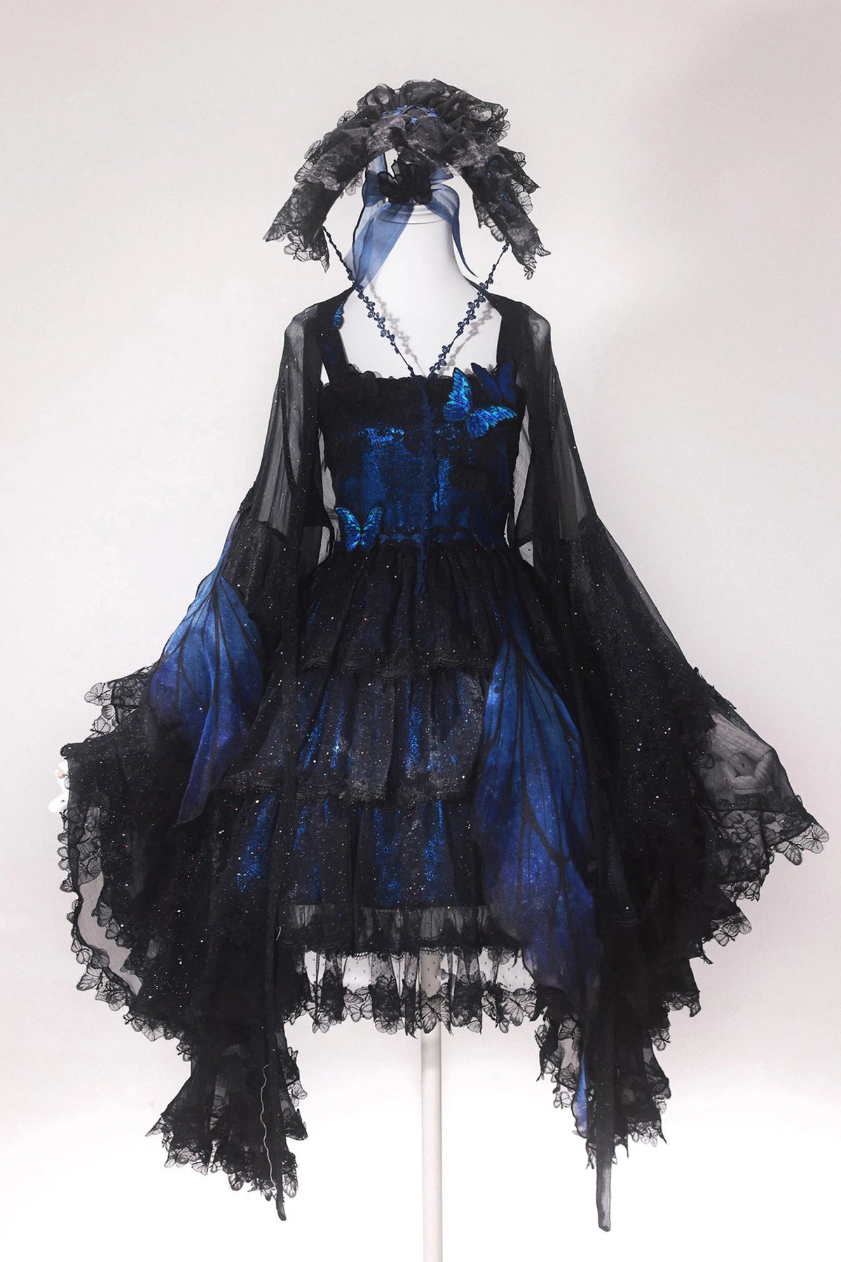 Shining Butterfly Lolita Dark Gothic Embroidered Blue Morpho JSK Set