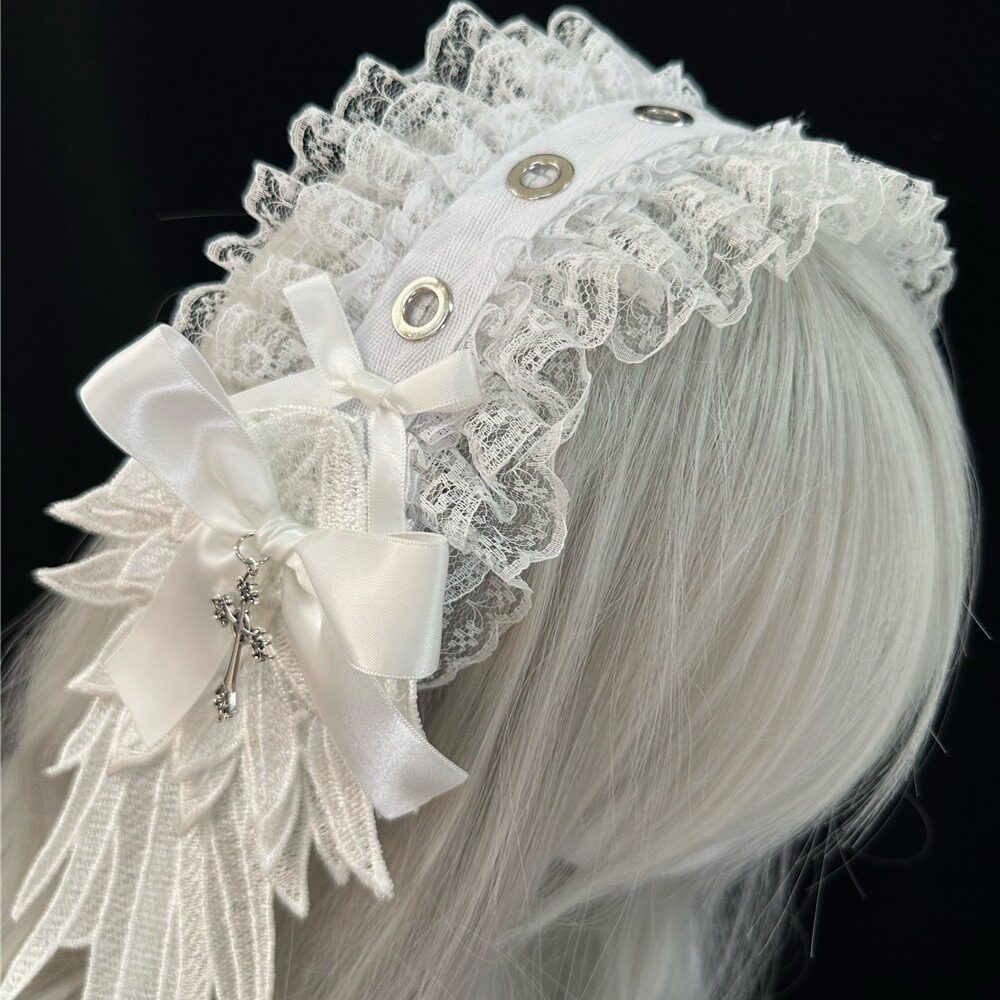 Dark Angel Wing Feather Lolita Gothic Headband with Cross Charm