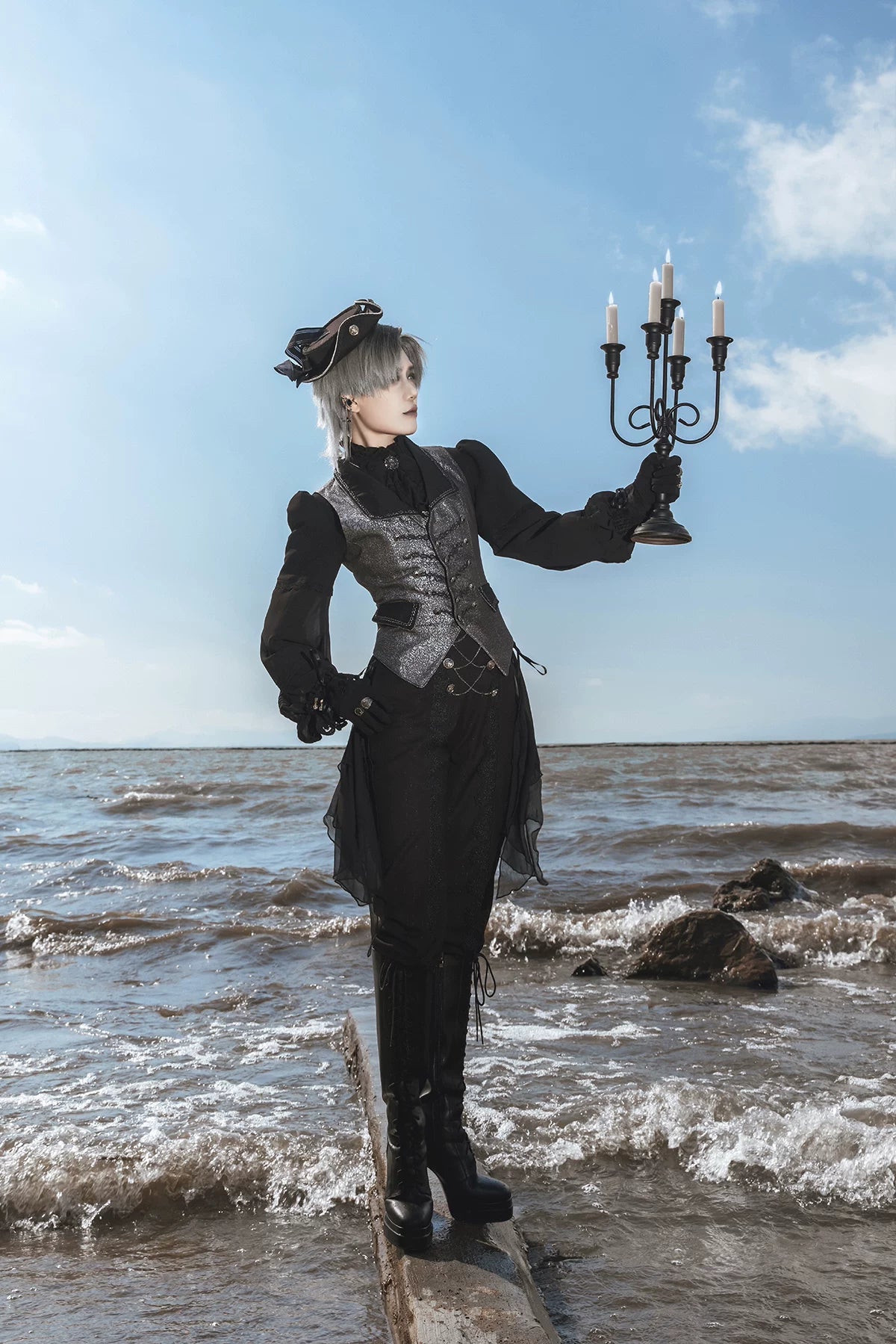 Immortal Misaligned Border Silver Jacquard Gothic Ouji Vest Coat