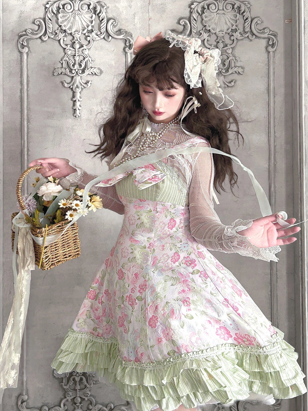 Rose Spring Romance Pink Green Floral Classic Lolita JSK Dress