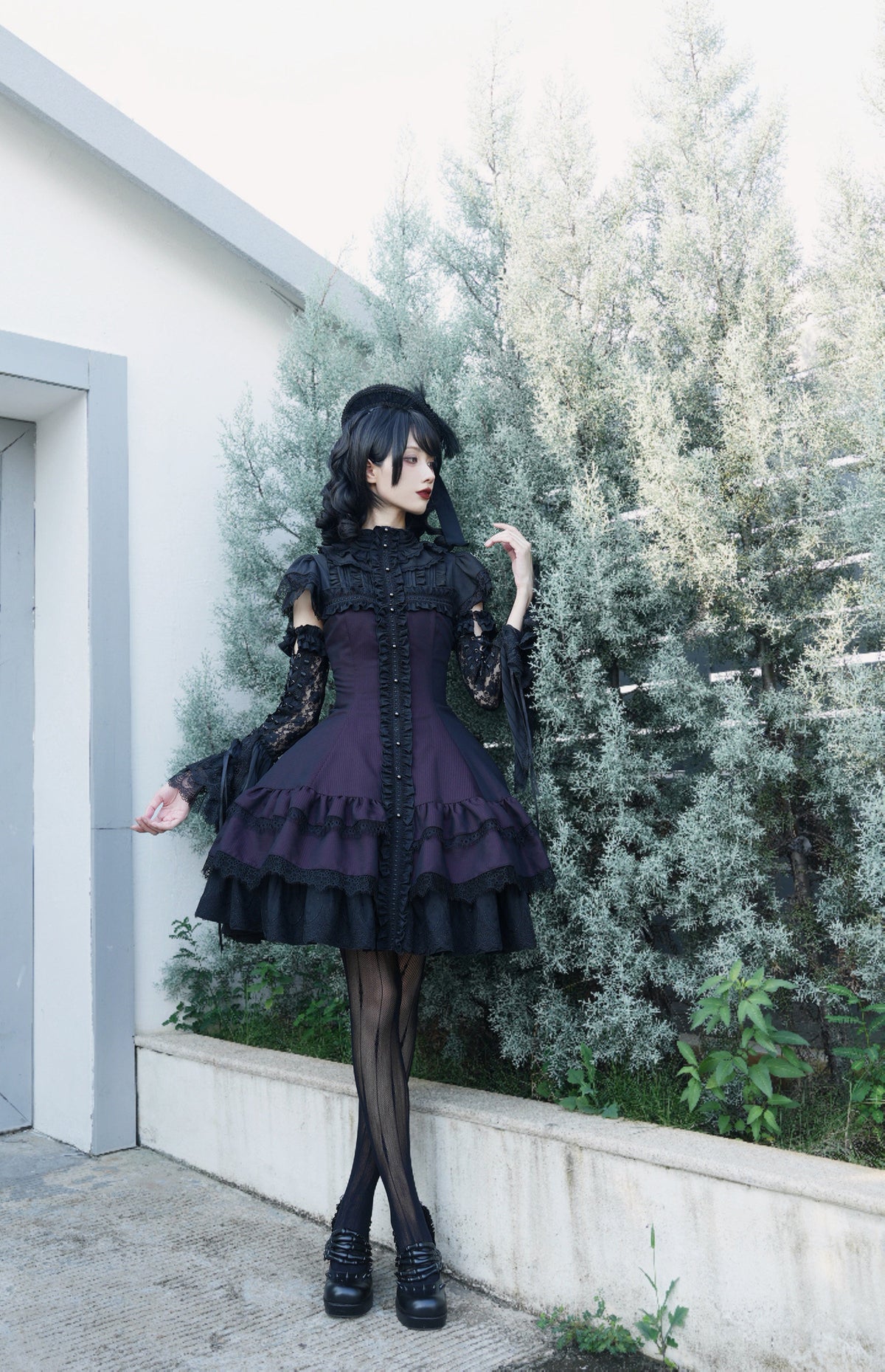 Leanna Black and Purple Gothic Lolita Cross Lace Short OP Dress