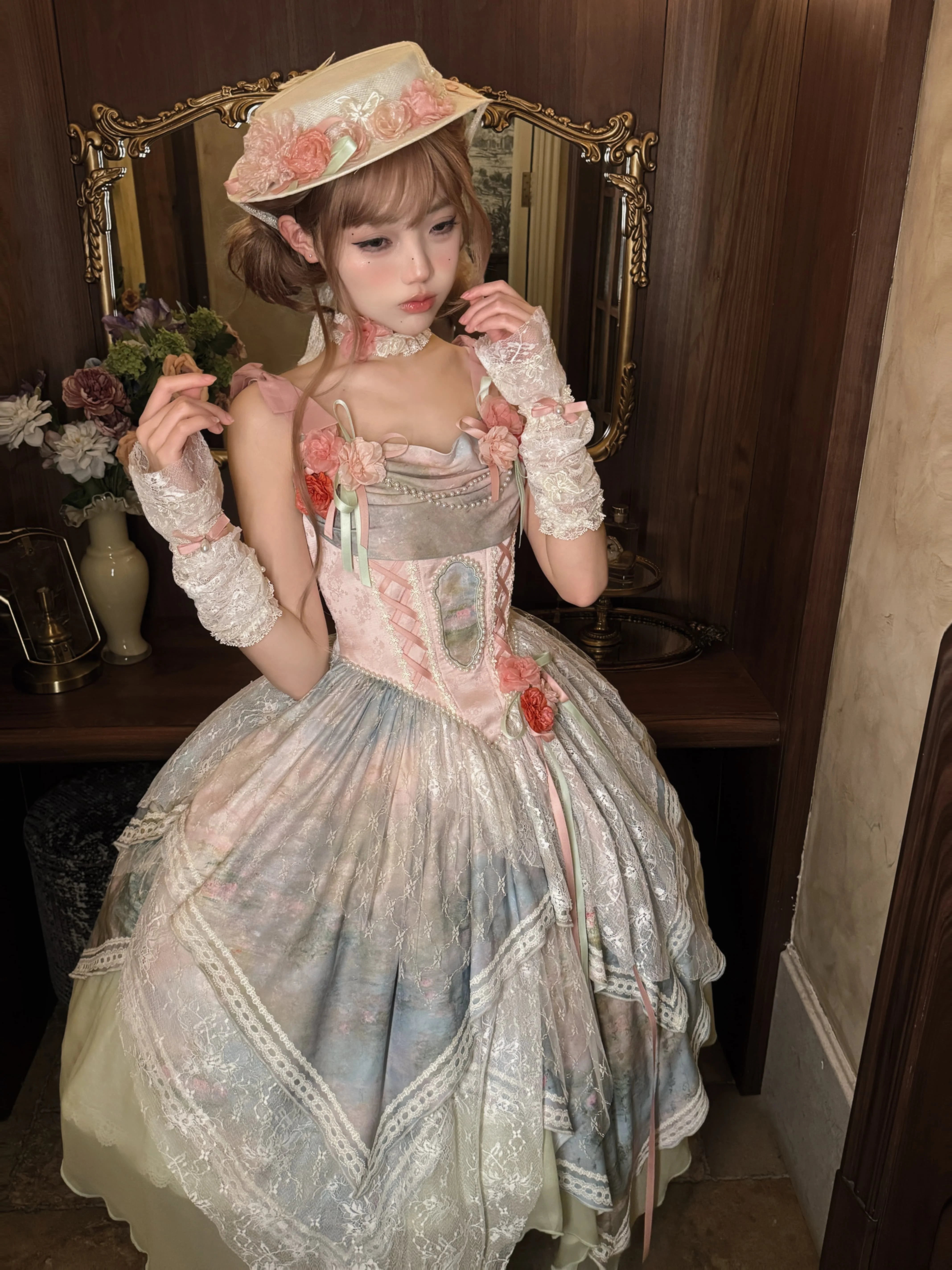 Flower Field Oil Painting Pastoral Irregular Lolita JSK Dress