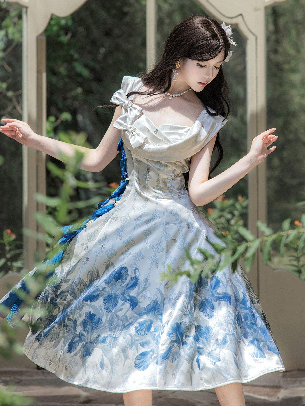 Iris Holiday Ivory Blue Jacquard Satin Classic Lolita Dress