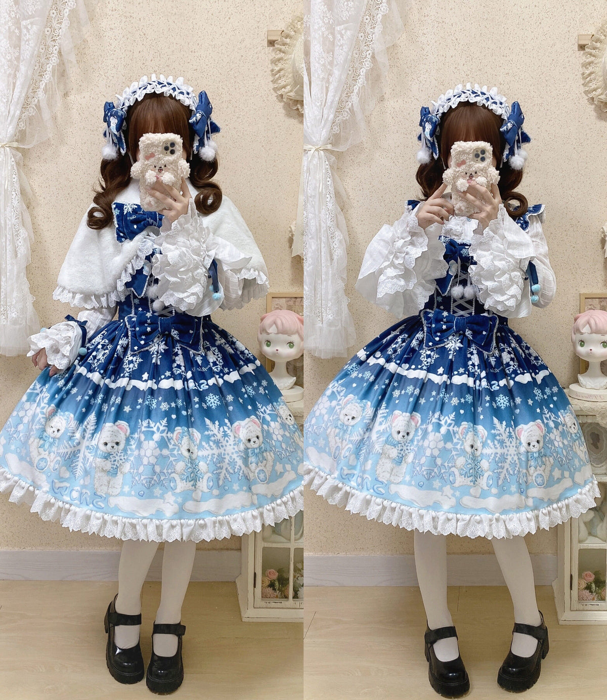 Snowflake Bear Deep Blue Christmas Plush Lolita JSK Dress Set