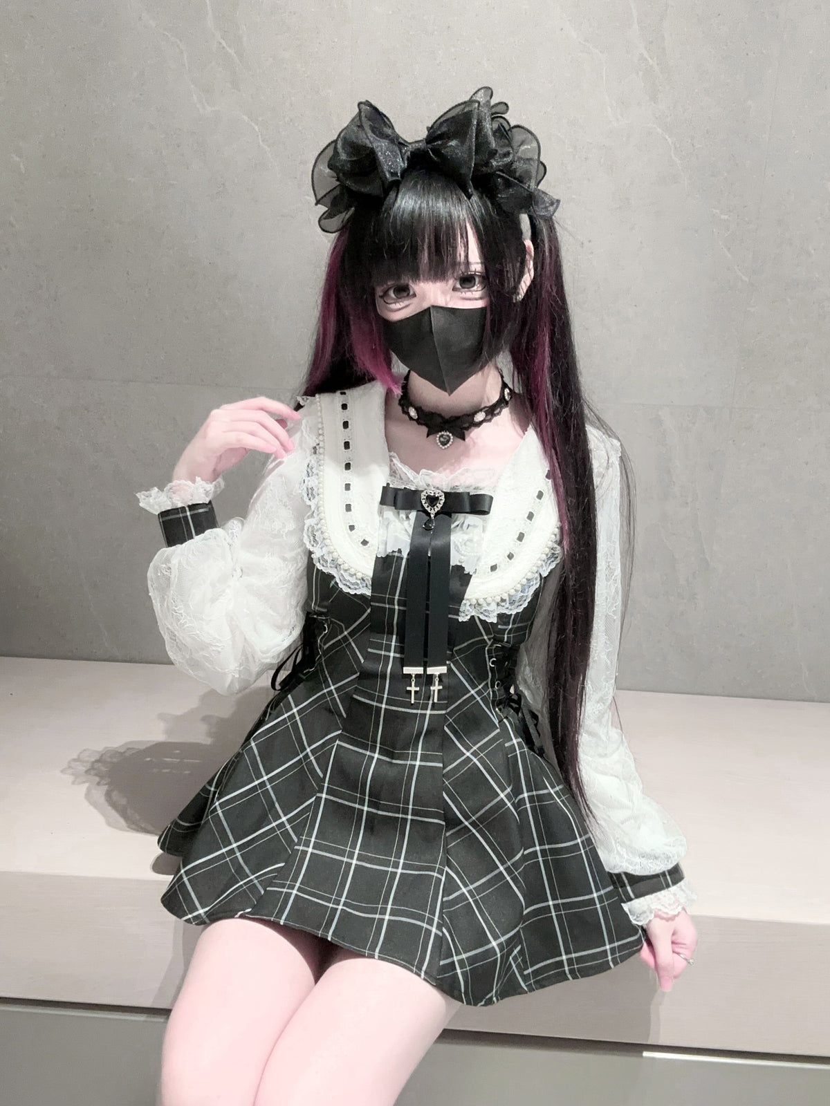 Heart Island Dreams Plaid Lace Long Sleeve Top & Shorts Set