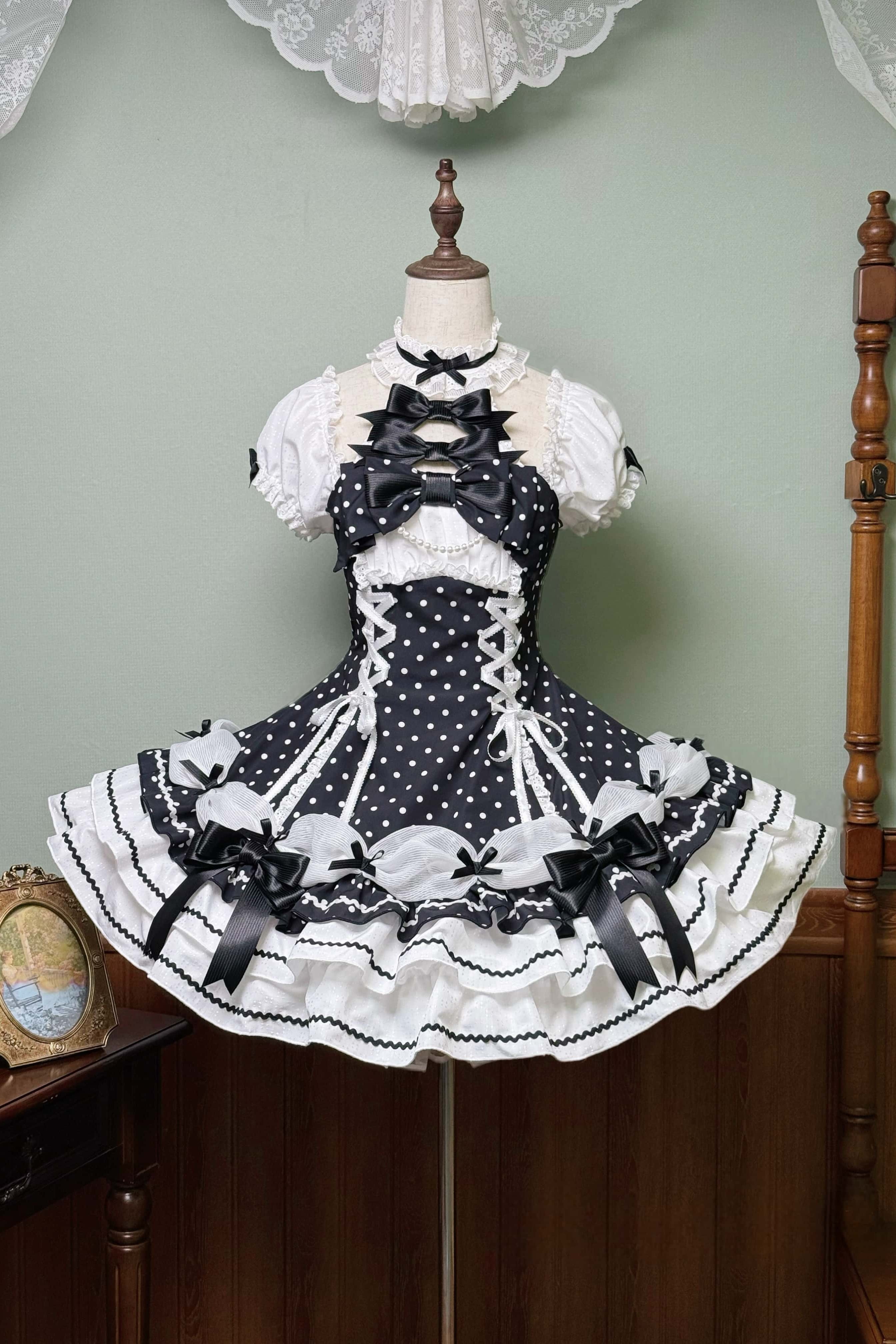 Vintage Polka Dot Lolita Halter Black & White OP Dress
