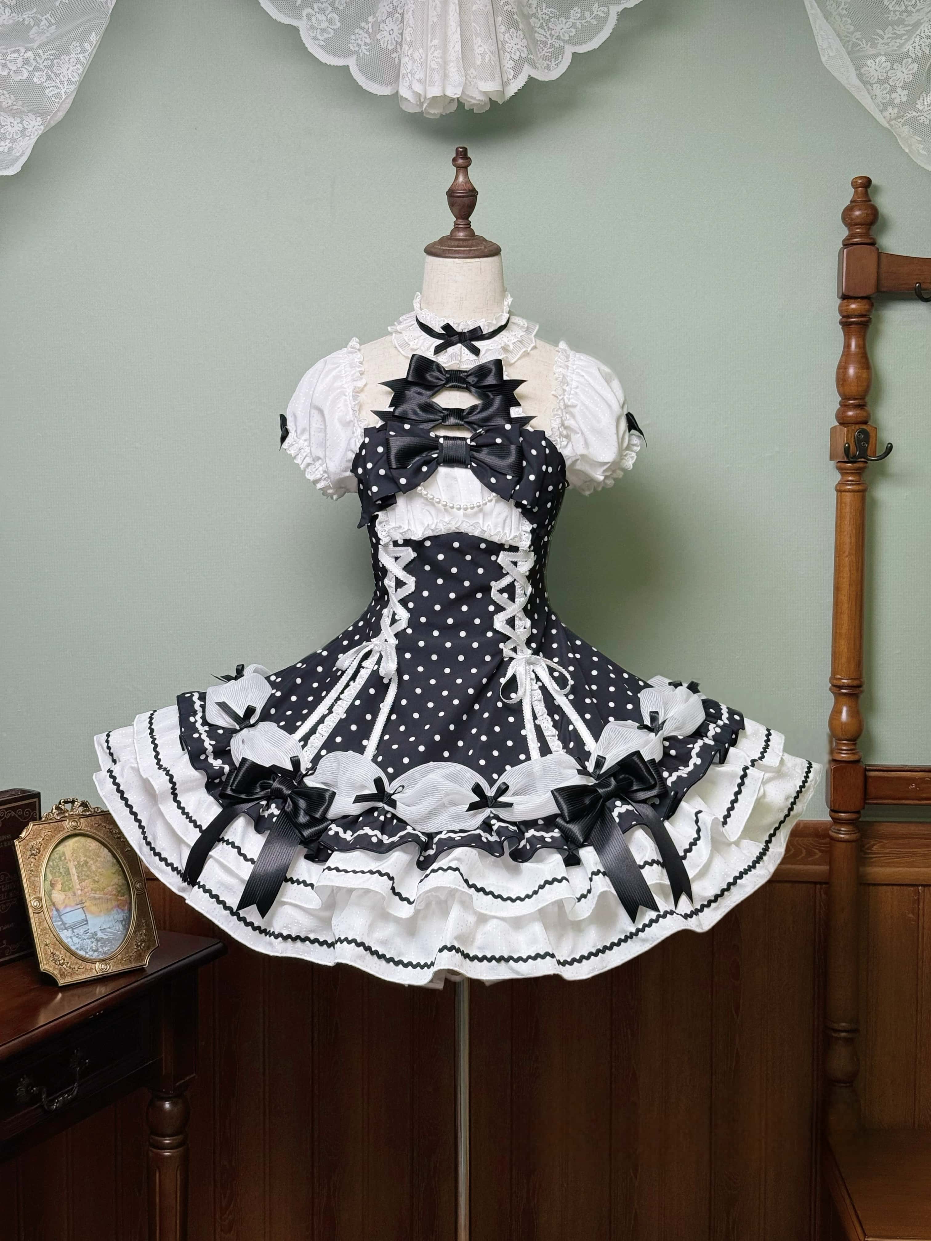 Vintage Polka Dot Lolita Halter Black & White OP Dress