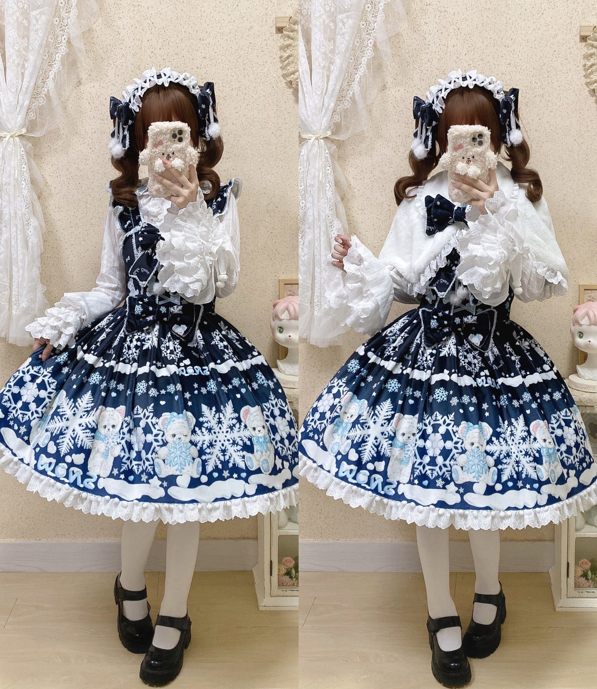 Snowflake Bear Black Christmas Plush Lolita JSK Dress Set