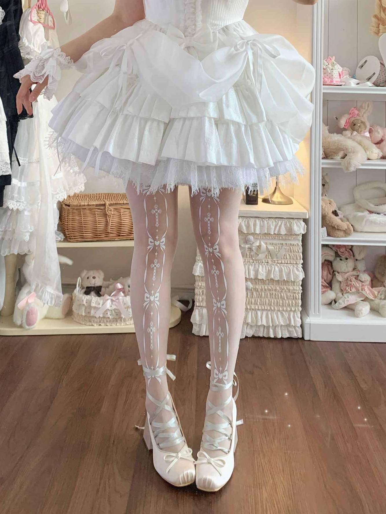 Lolita Sheer Bow Cross Print Bodystocking LE9010