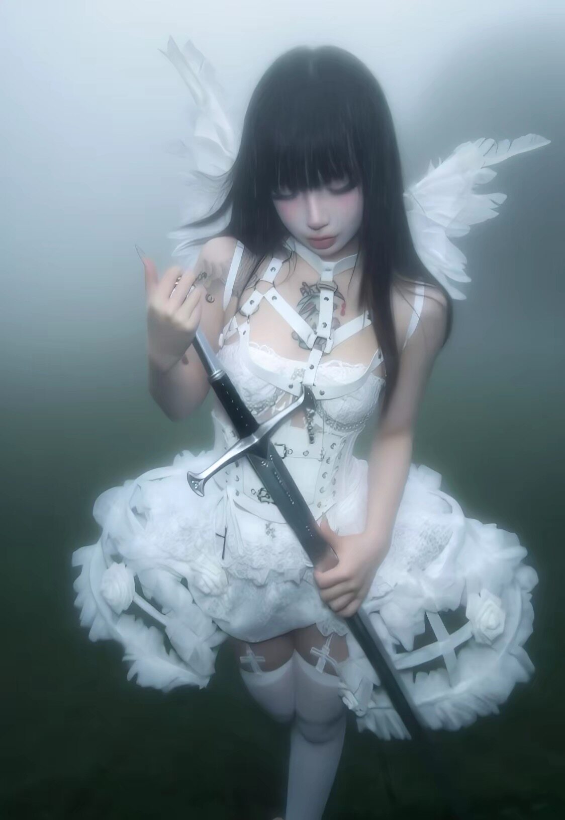 Flower Bud White Rose Gothic Corset & Birdcage Skirt Set