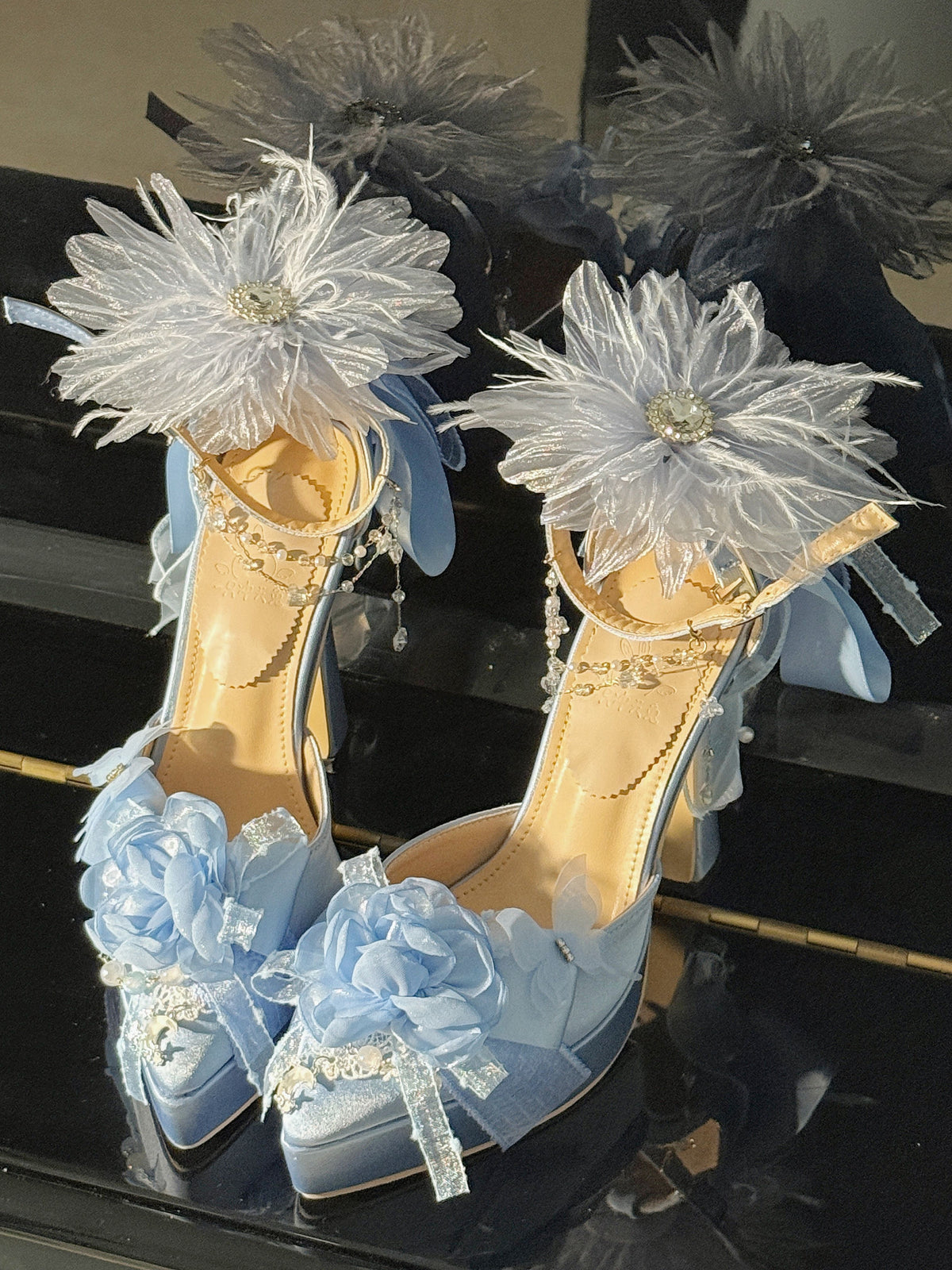 Ocean Tide Blue Chunky Heel Lolita Shoes with Flower Clips