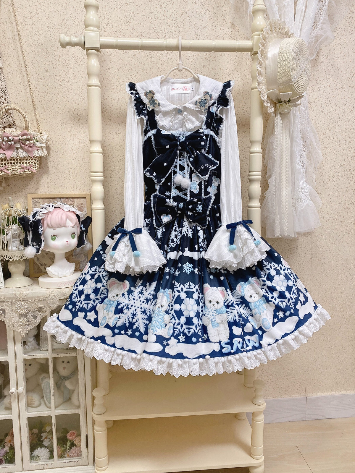 Snowflake Bear Black Christmas Plush Lolita JSK Dress Set