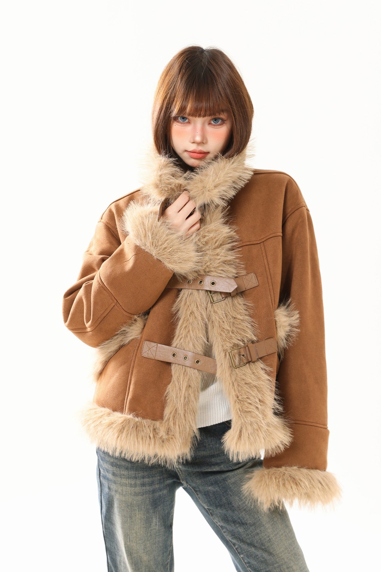 Korean Style Retro Suede Shearling Trim Short Jacket