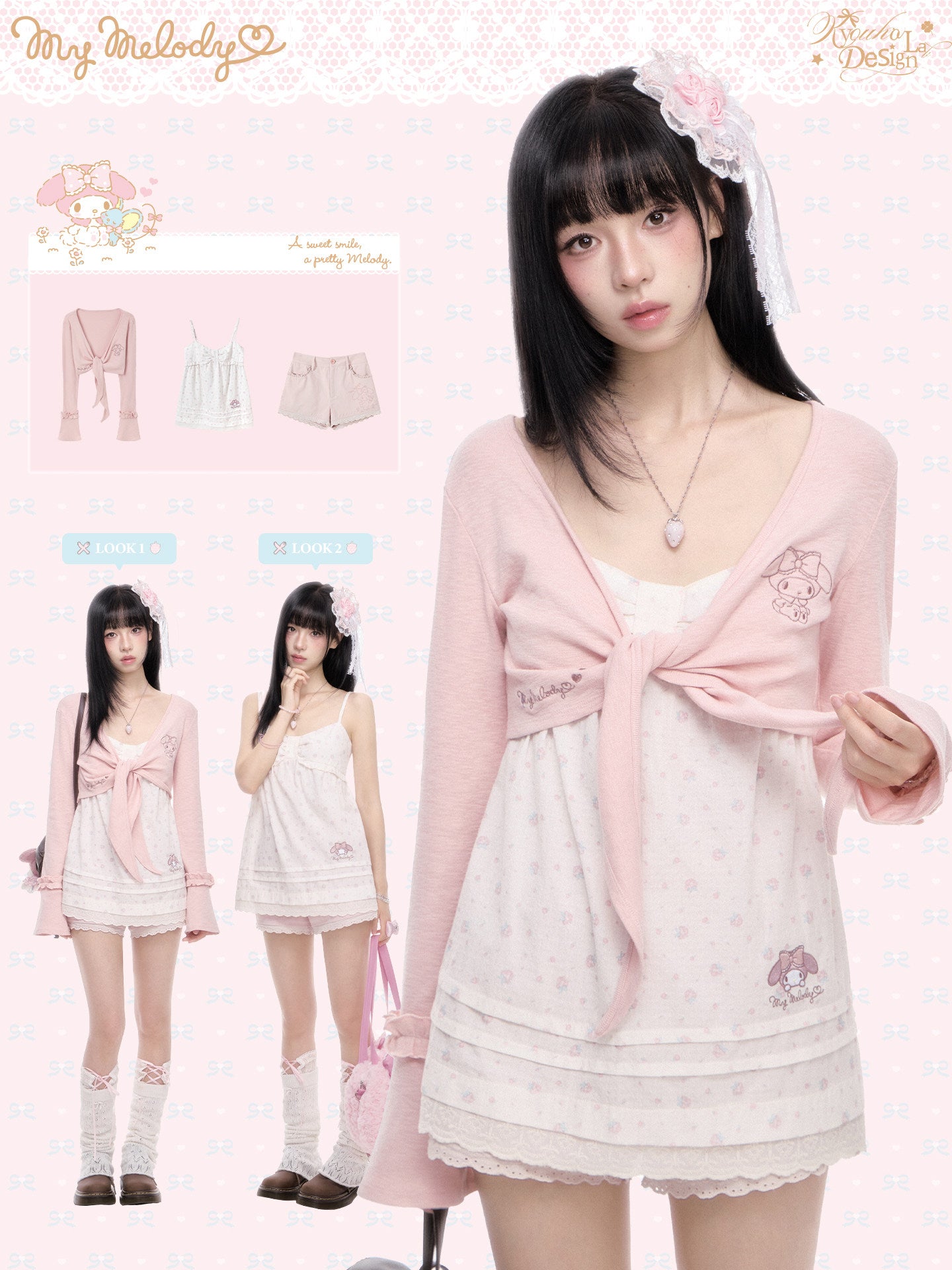 My Melody Pink Tie-Front Cardigan Polka Dot Cami Top Floral Shorts Set