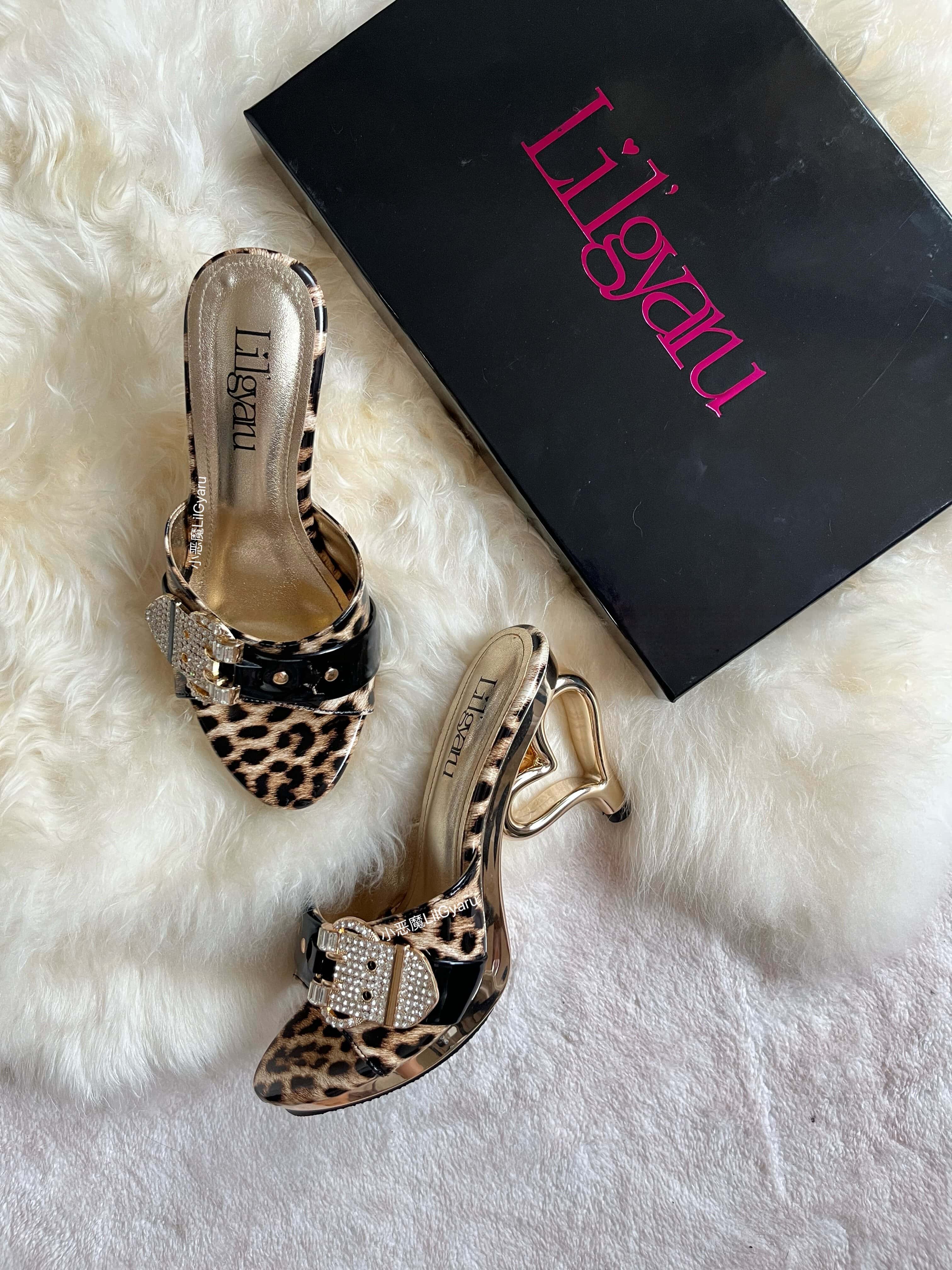 Heart Heel Leopard Print Rhinestone Gyaru High Heels Gold Silver Y2K
