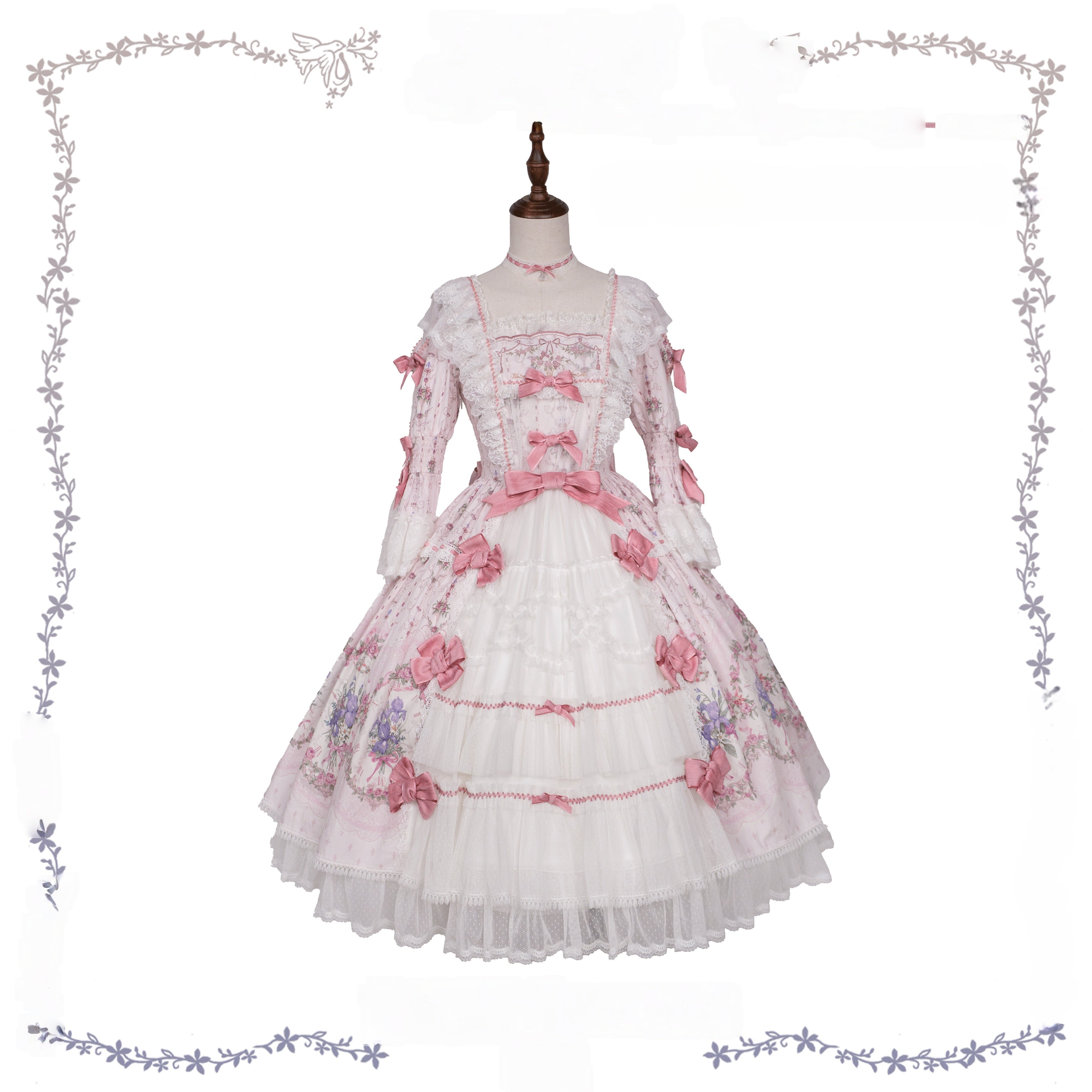 Iris Clock Floral‑Wall Front‑Opening Lolita Hime‑Sleeve Dress