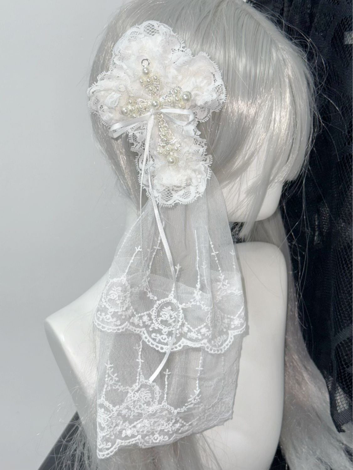 Pearl Cross Lace Ruffle Bow Lolita Gothic Hair Clip with Optional Veil