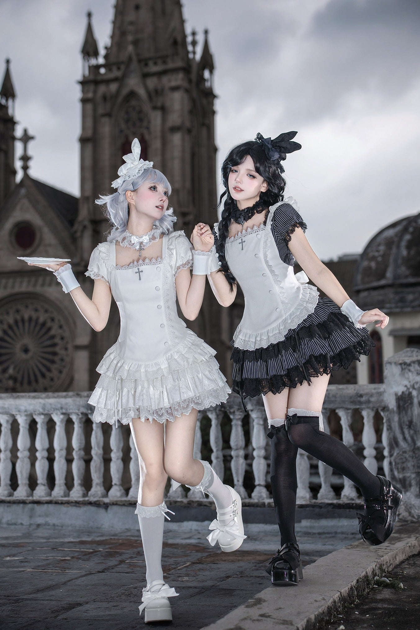 Gothic Sweet Maid Cross Stripe White Tiered Puff Mini OP Dress Twin Set