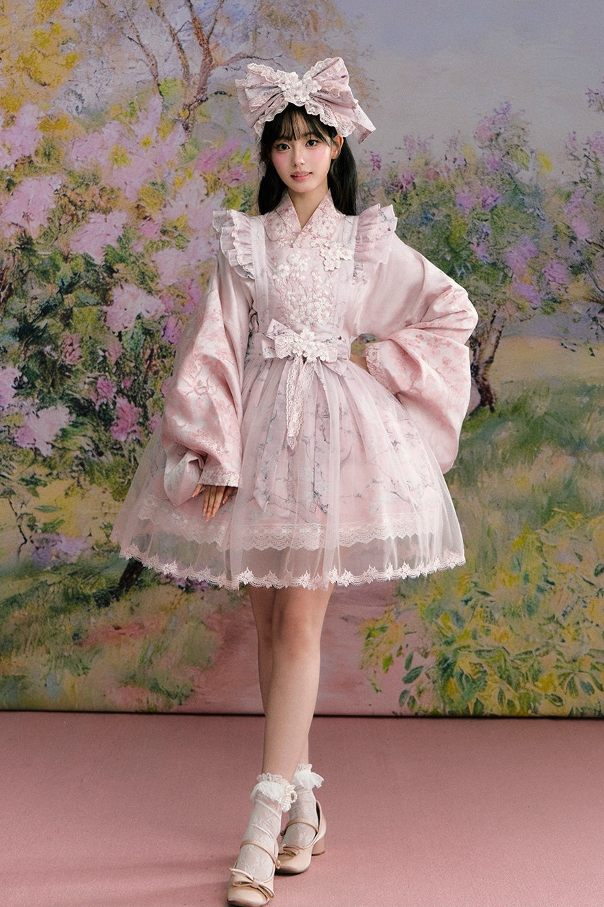 Apricot Blossom Shadow Pink & Blue Black Hanfu Lolita JSK Set