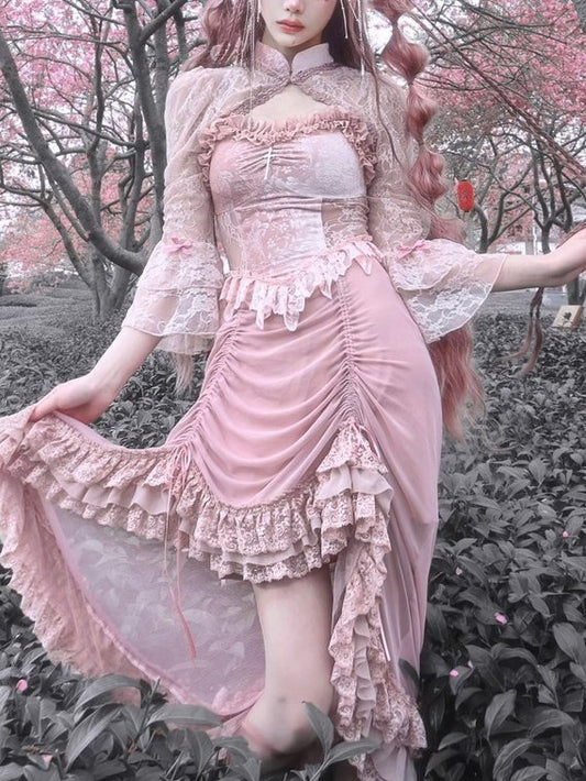 Lolita Gothic Pink Embroidered Lace Slip Dress LG1004