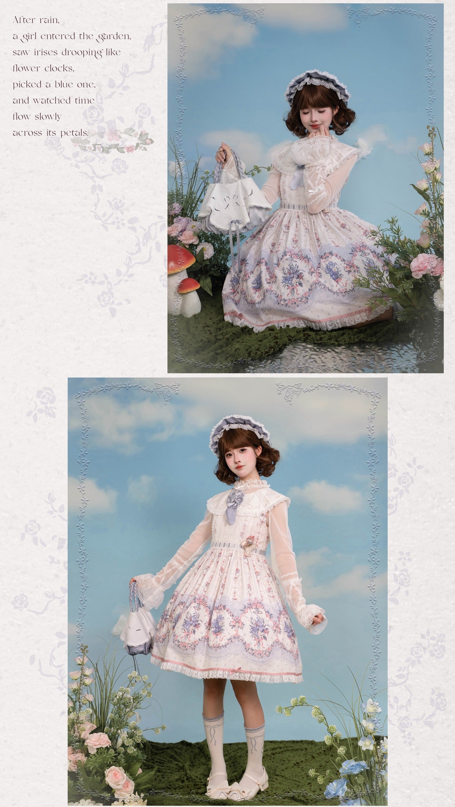 Iris Clock Lolita Flutter Sleeves Printed OP & Cut‑Work Embroidered Lapel JSK