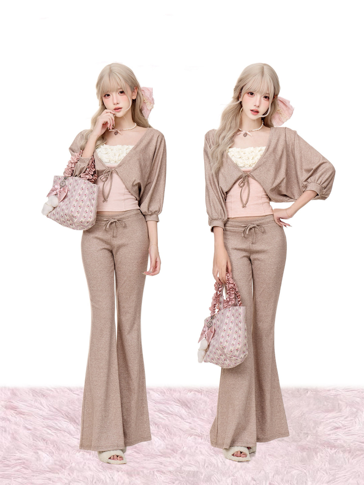 Brown Cardigan White Pink Cami Top Brown Casual Pants Daily Girly Set